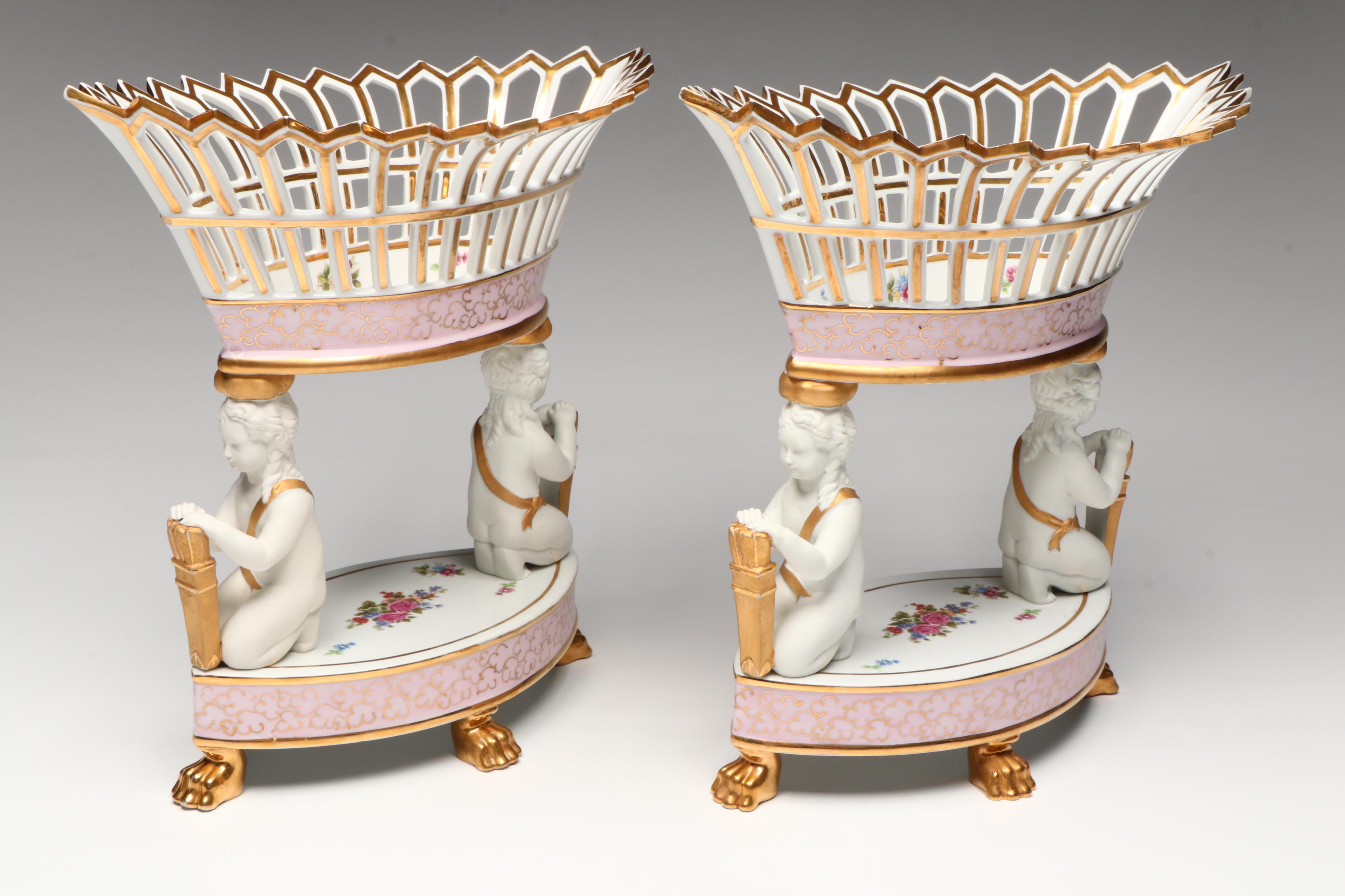 Old Paris Style Gilt Porcelain Reticulated Corbeilles