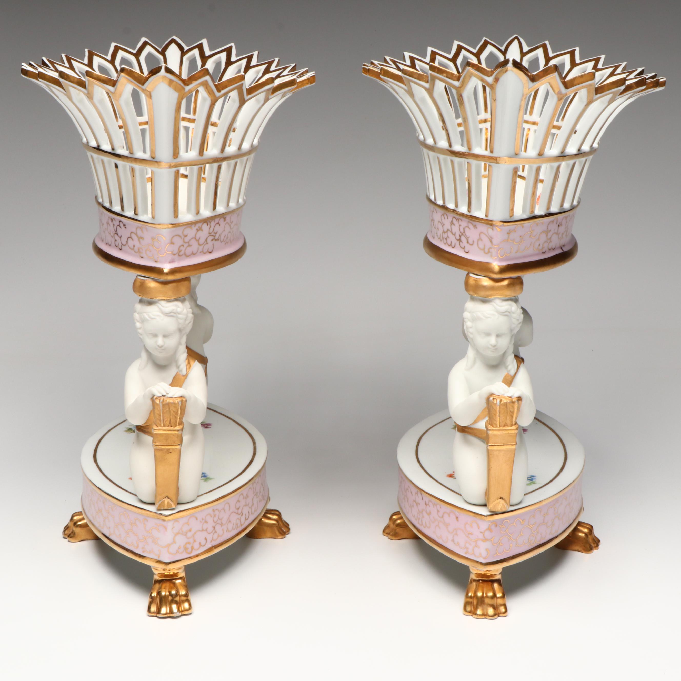 Old Paris Style Gilt Porcelain Reticulated Corbeilles