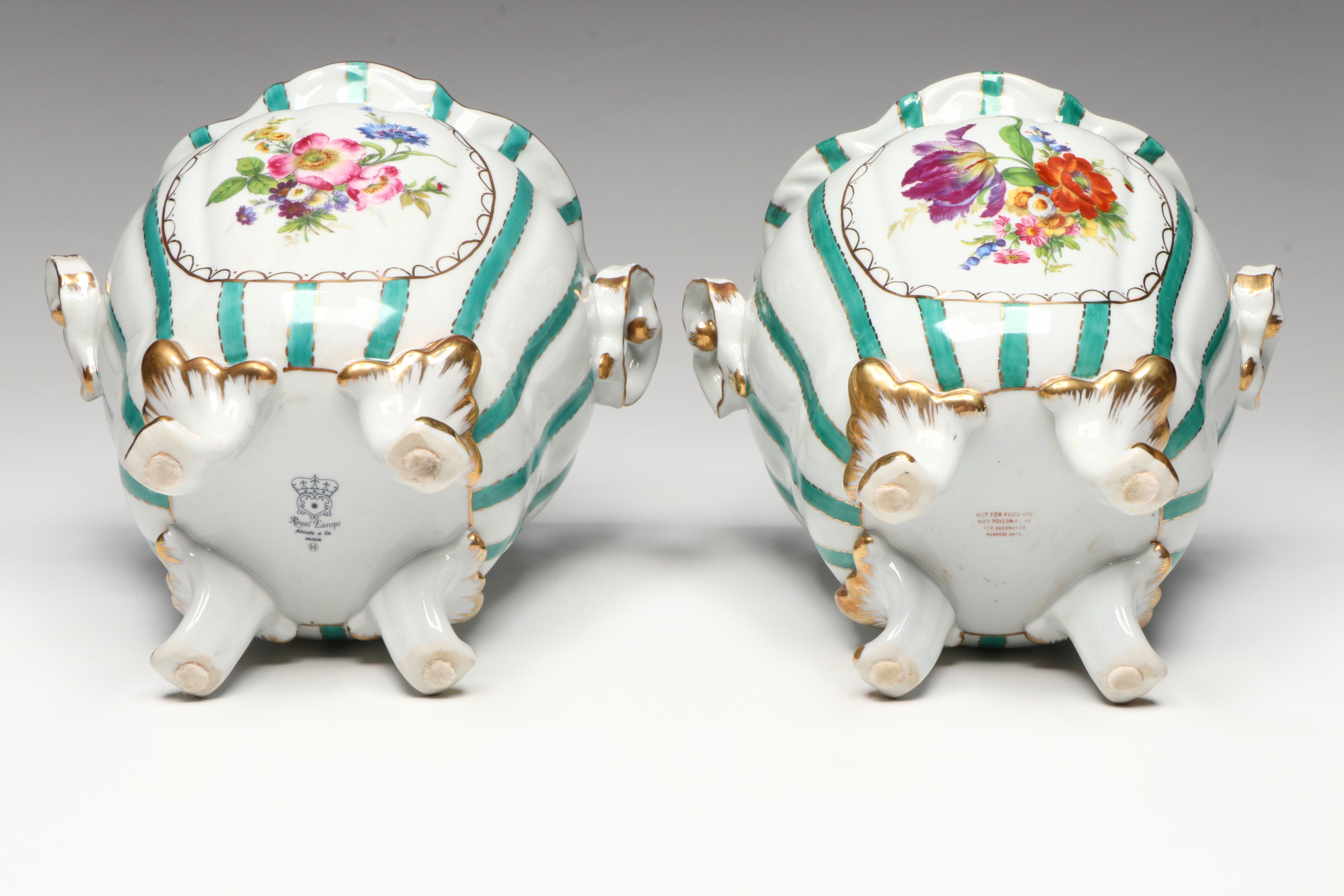 Royal Europe Hand-Painted Gilt Ceramic Cachepots