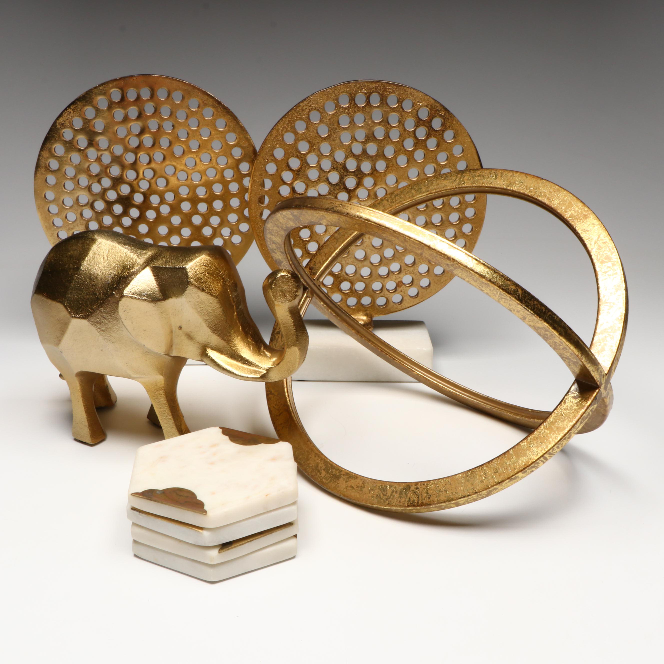 Contemporary Gilt Elephant Figurine with Other Décor and Stone Coasters