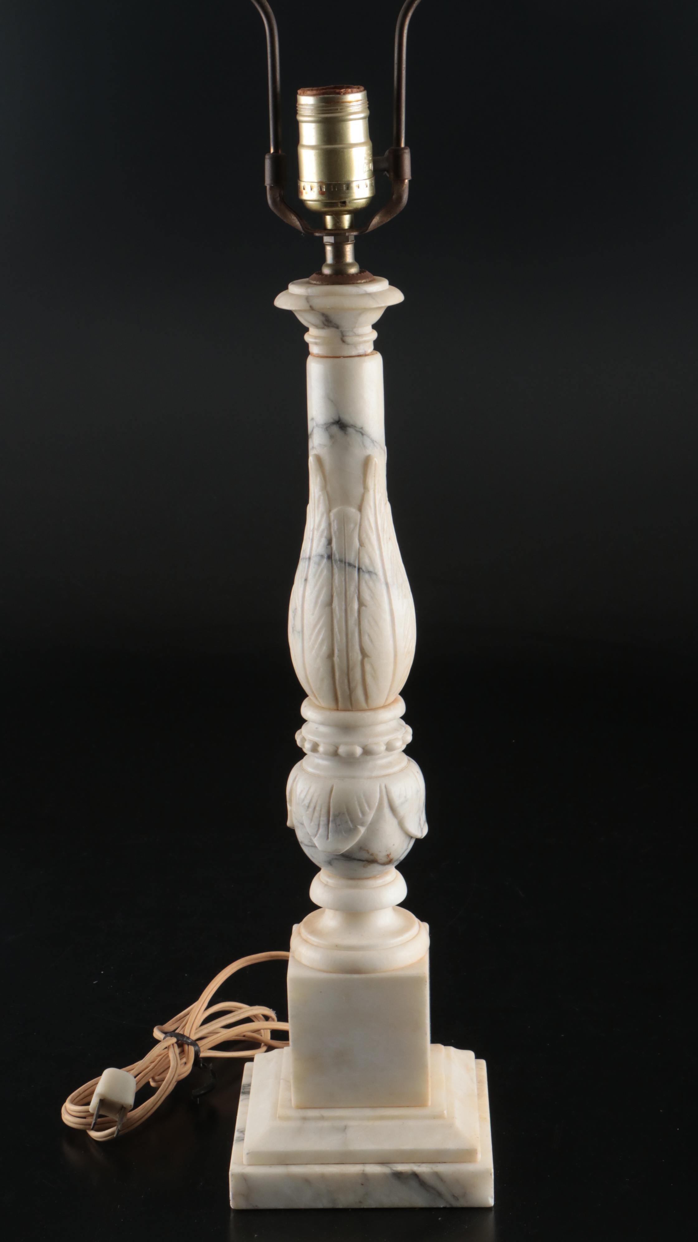 Italian Carved Alabaster Neoclassical Lamp with Acanthus Leaf Motif, Vintage