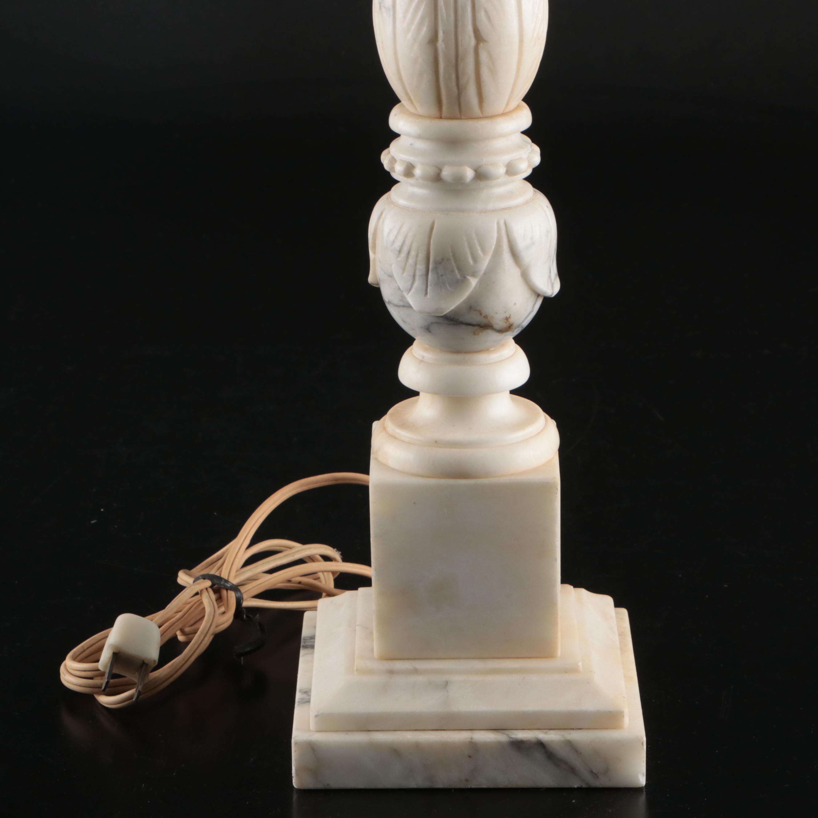 Italian Carved Alabaster Neoclassical Lamp with Acanthus Leaf Motif, Vintage