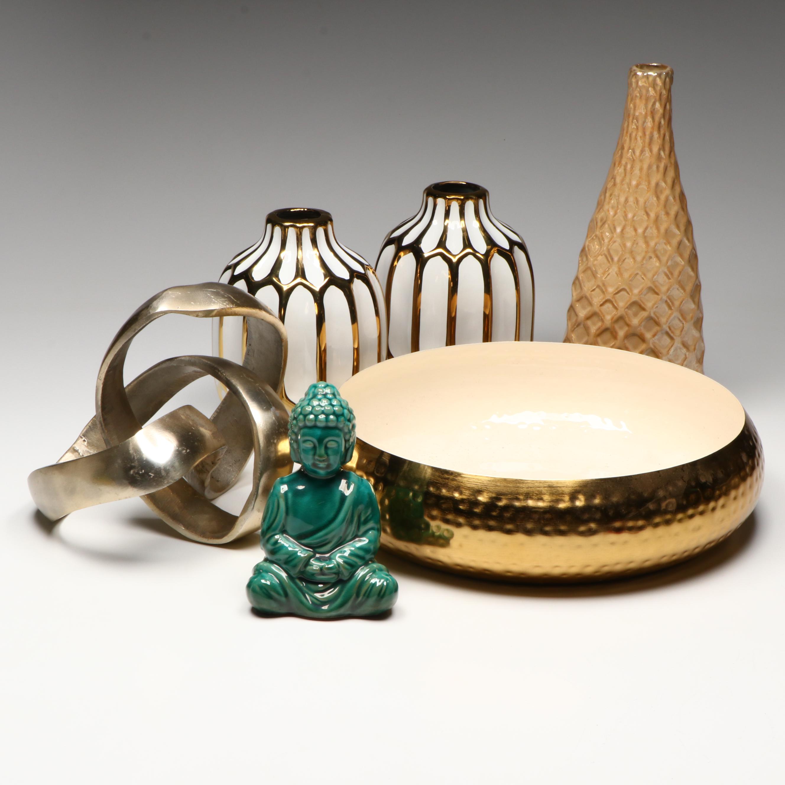 Contemporary White and Gilt Glazed Vases with Other Décor