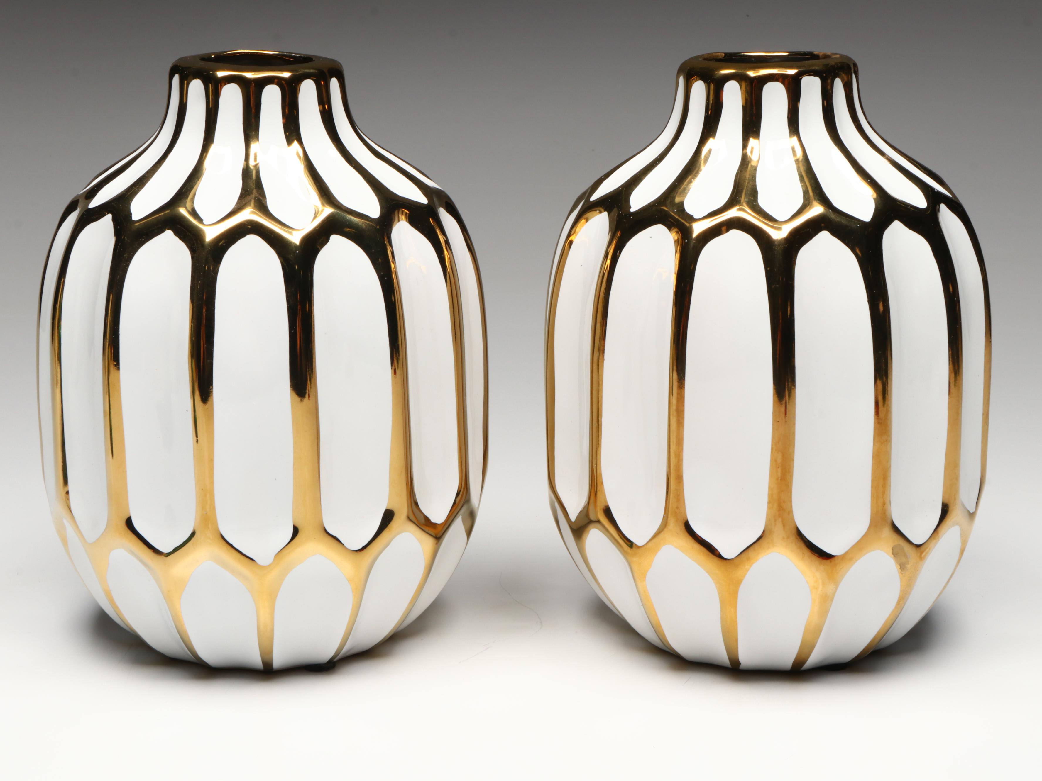Contemporary White and Gilt Glazed Vases with Other Décor