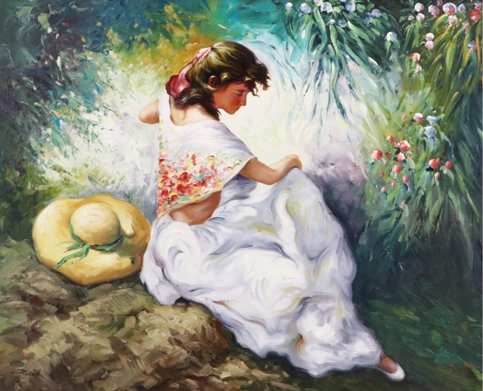 Impressionistic Style Oil Painting of Woman in Flowing Dress With Hat