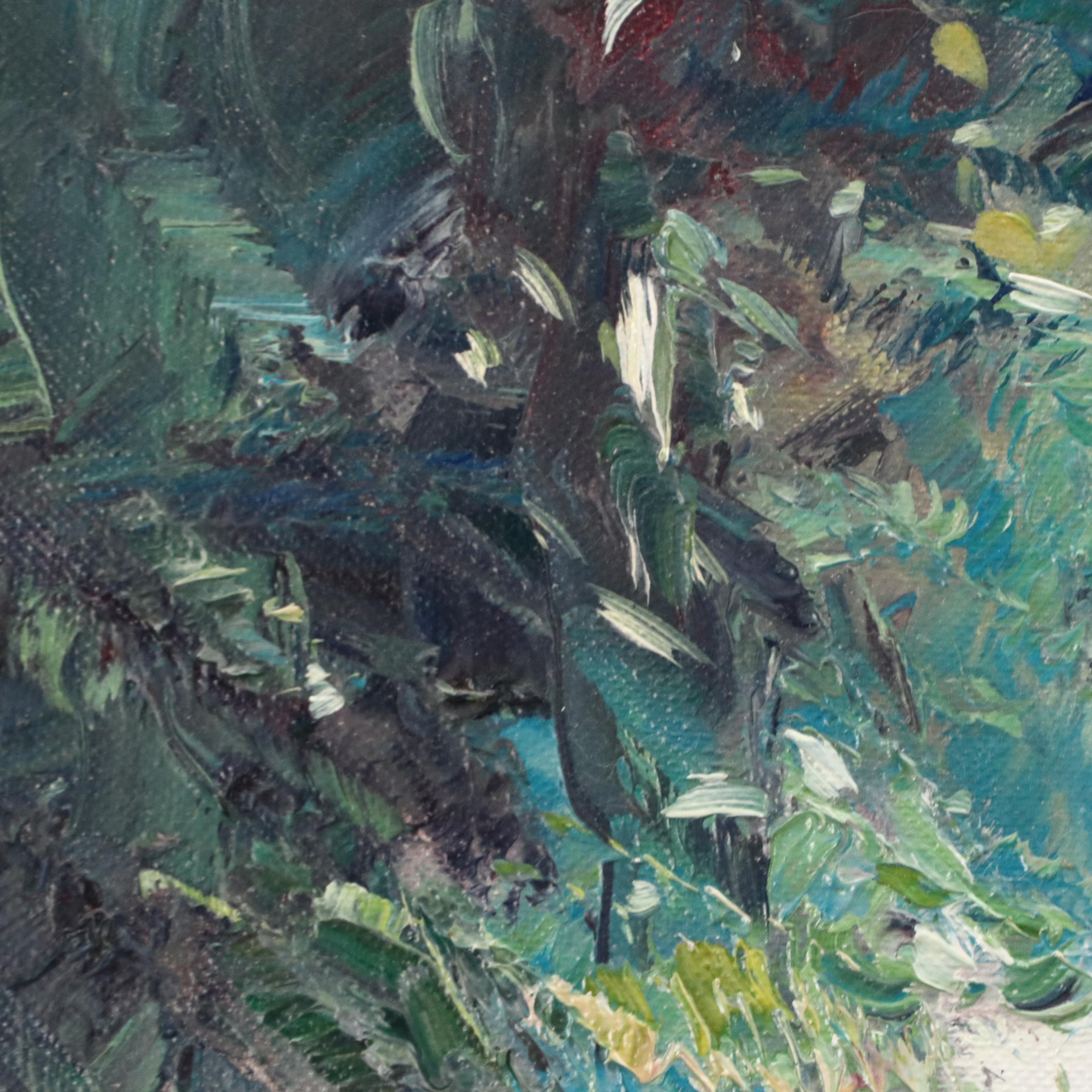 Impressionistic Style Oil Painting of Woman in Flowing Dress With Hat