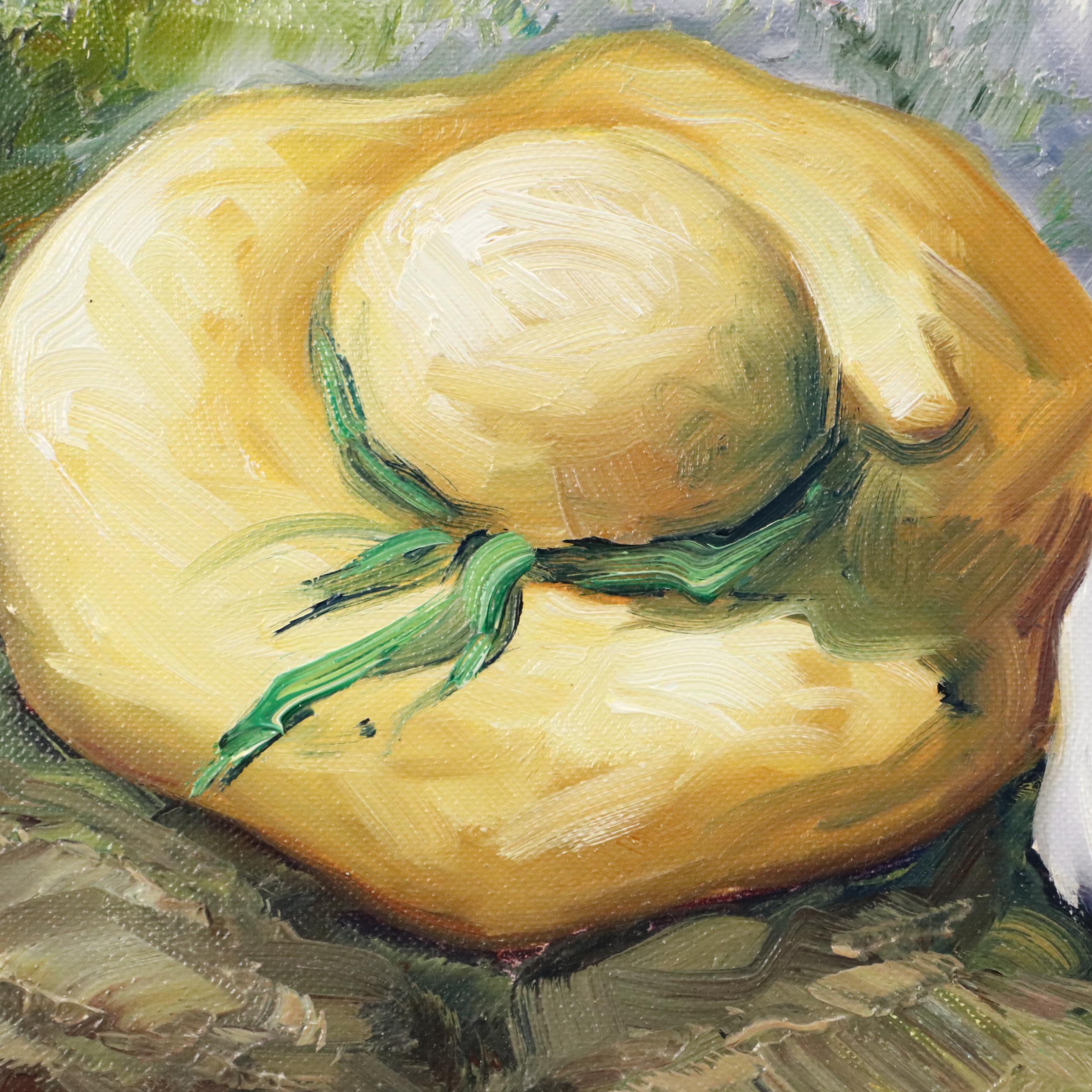 Impressionistic Style Oil Painting of Woman in Flowing Dress With Hat