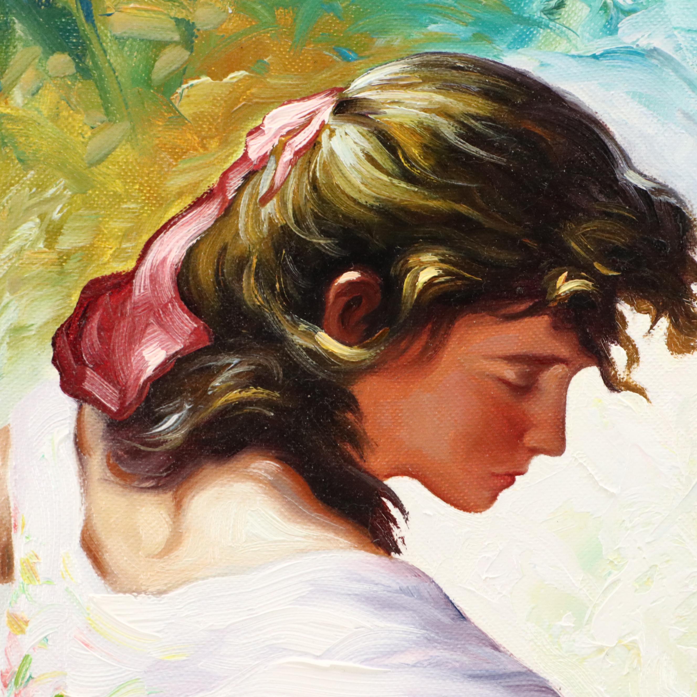 Impressionistic Style Oil Painting of Woman in Flowing Dress With Hat