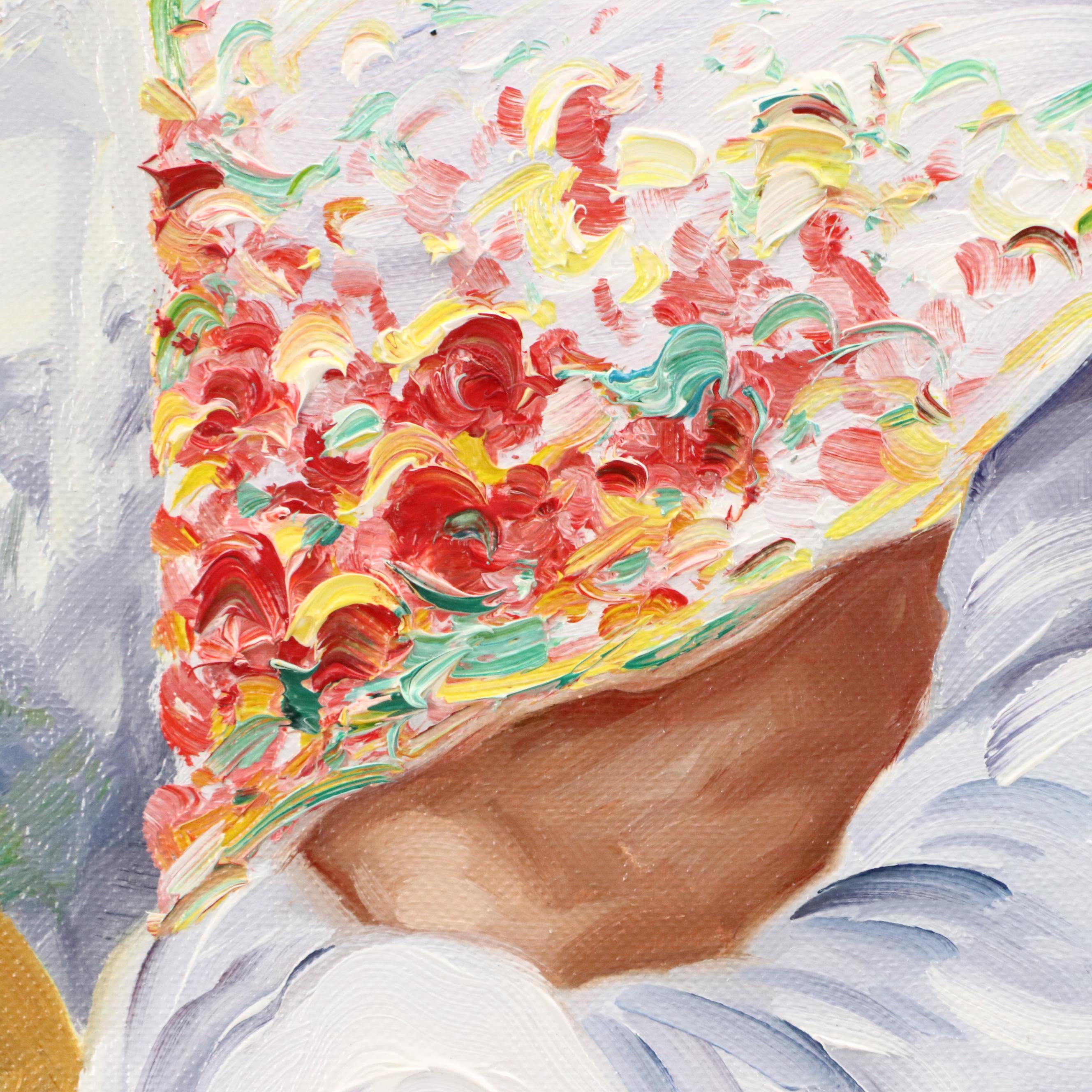 Impressionistic Style Oil Painting of Woman in Flowing Dress With Hat