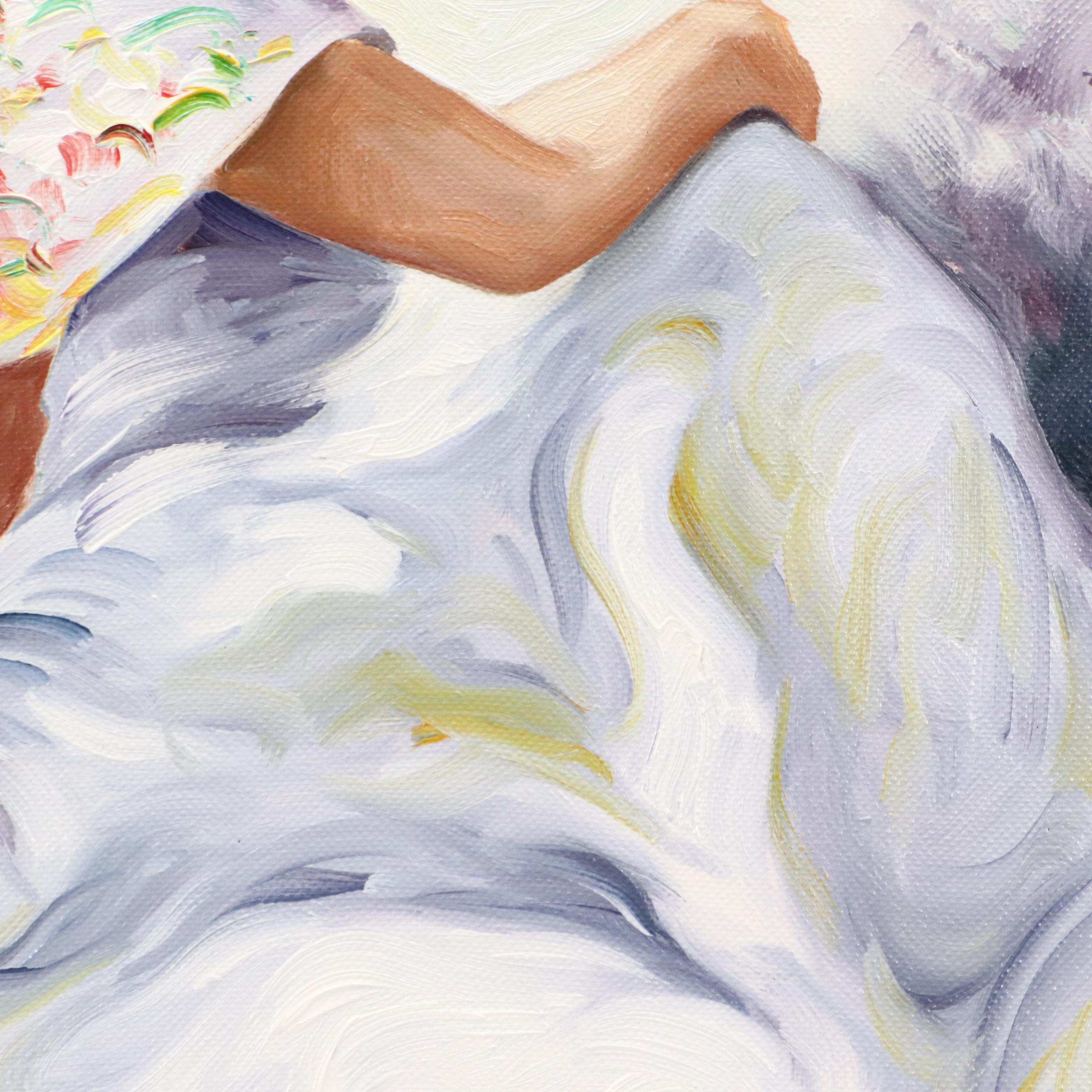 Impressionistic Style Oil Painting of Woman in Flowing Dress With Hat