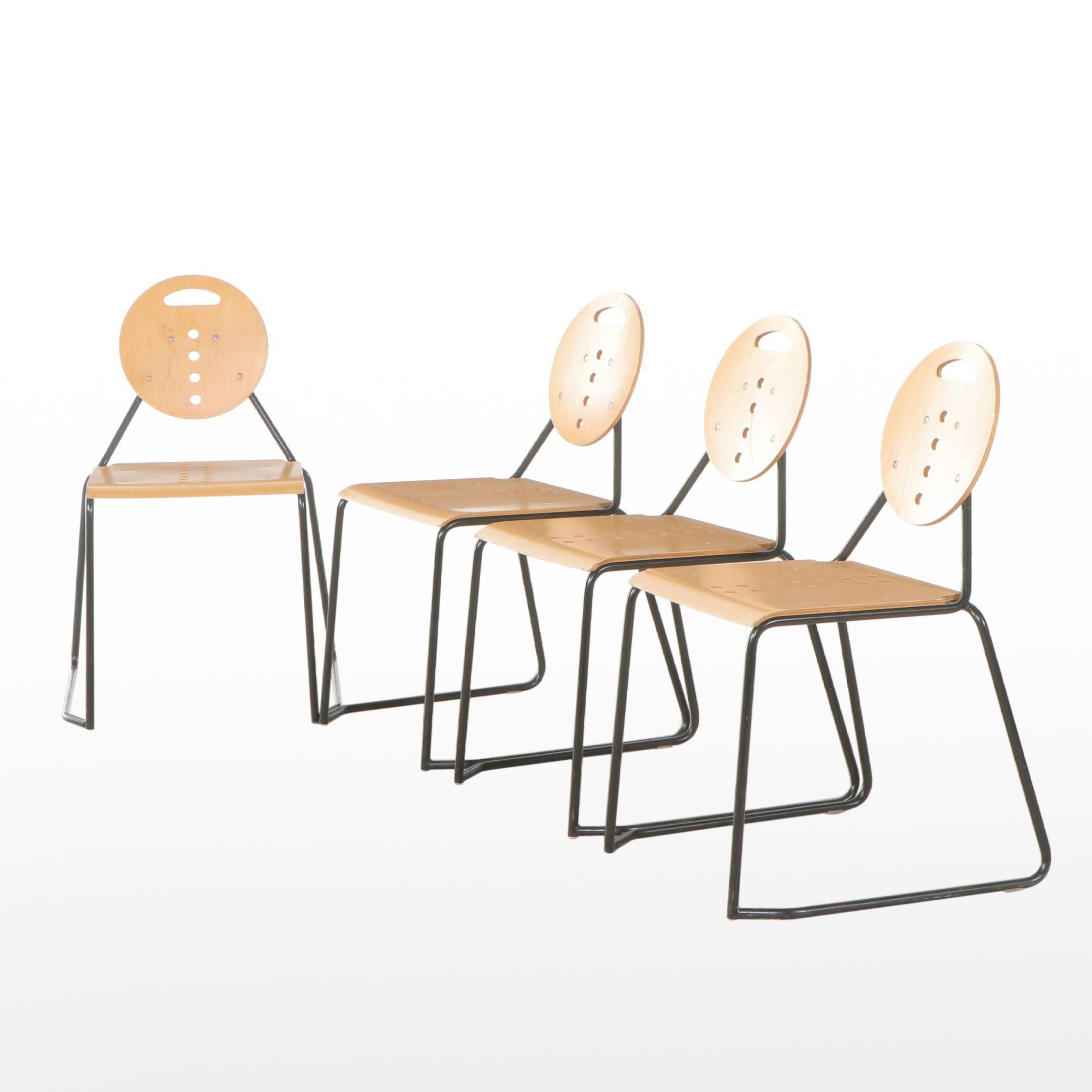 Set of Four Lowenstein Postmodernist Metal and Plywood Dining Chairs