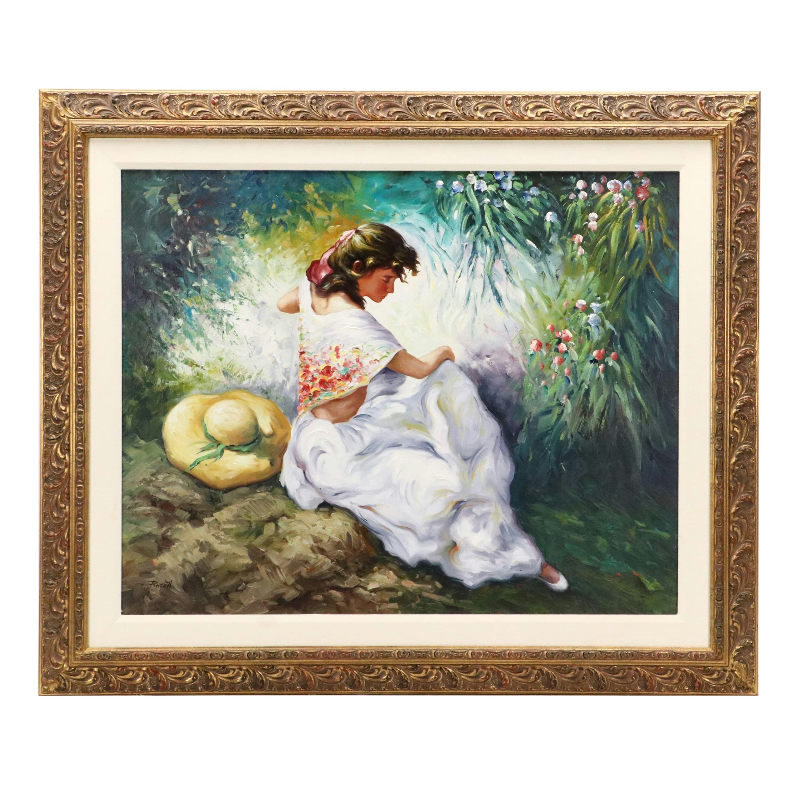 Impressionistic Style Oil Painting of Woman in Flowing Dress With Hat