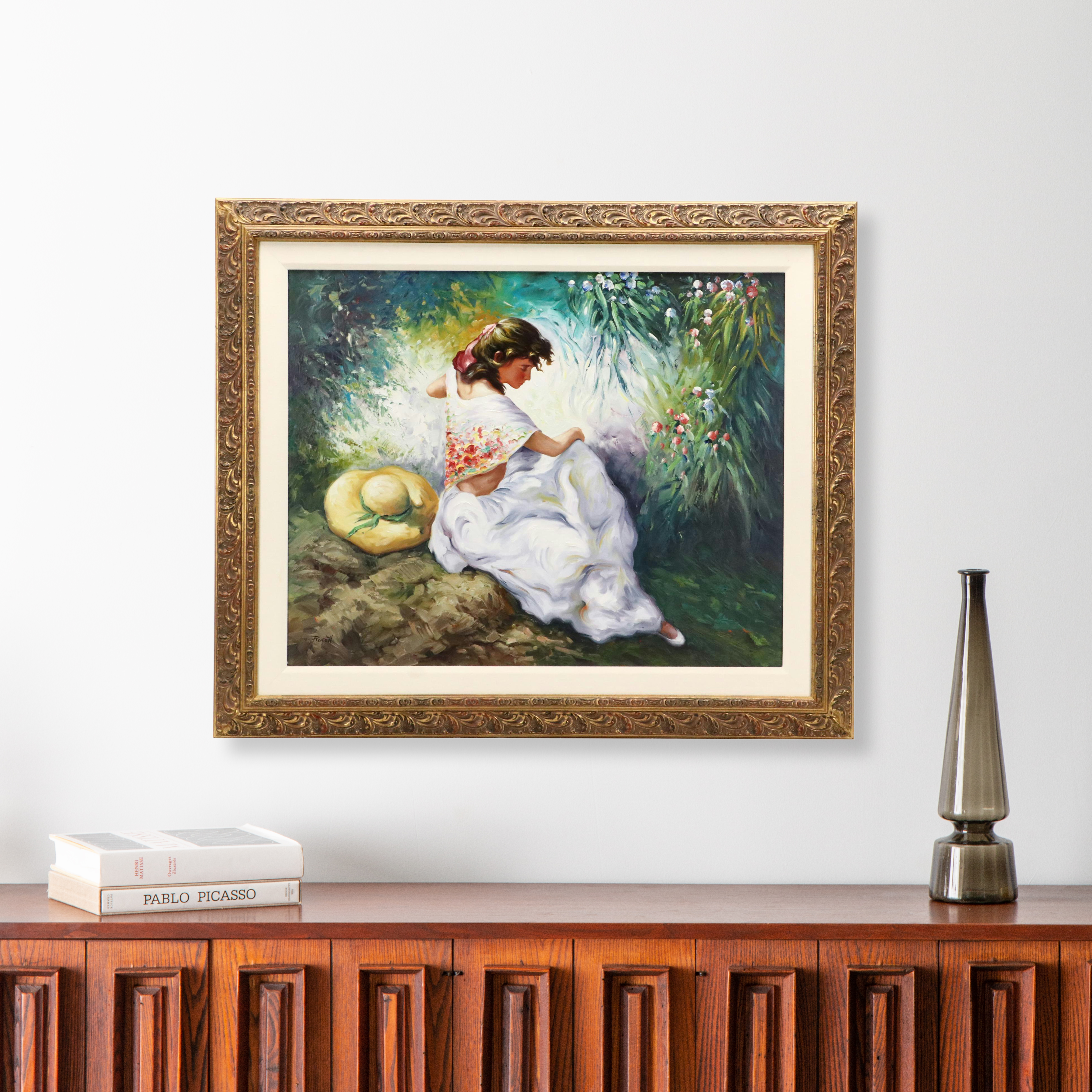 Impressionistic Style Oil Painting of Woman in Flowing Dress With Hat