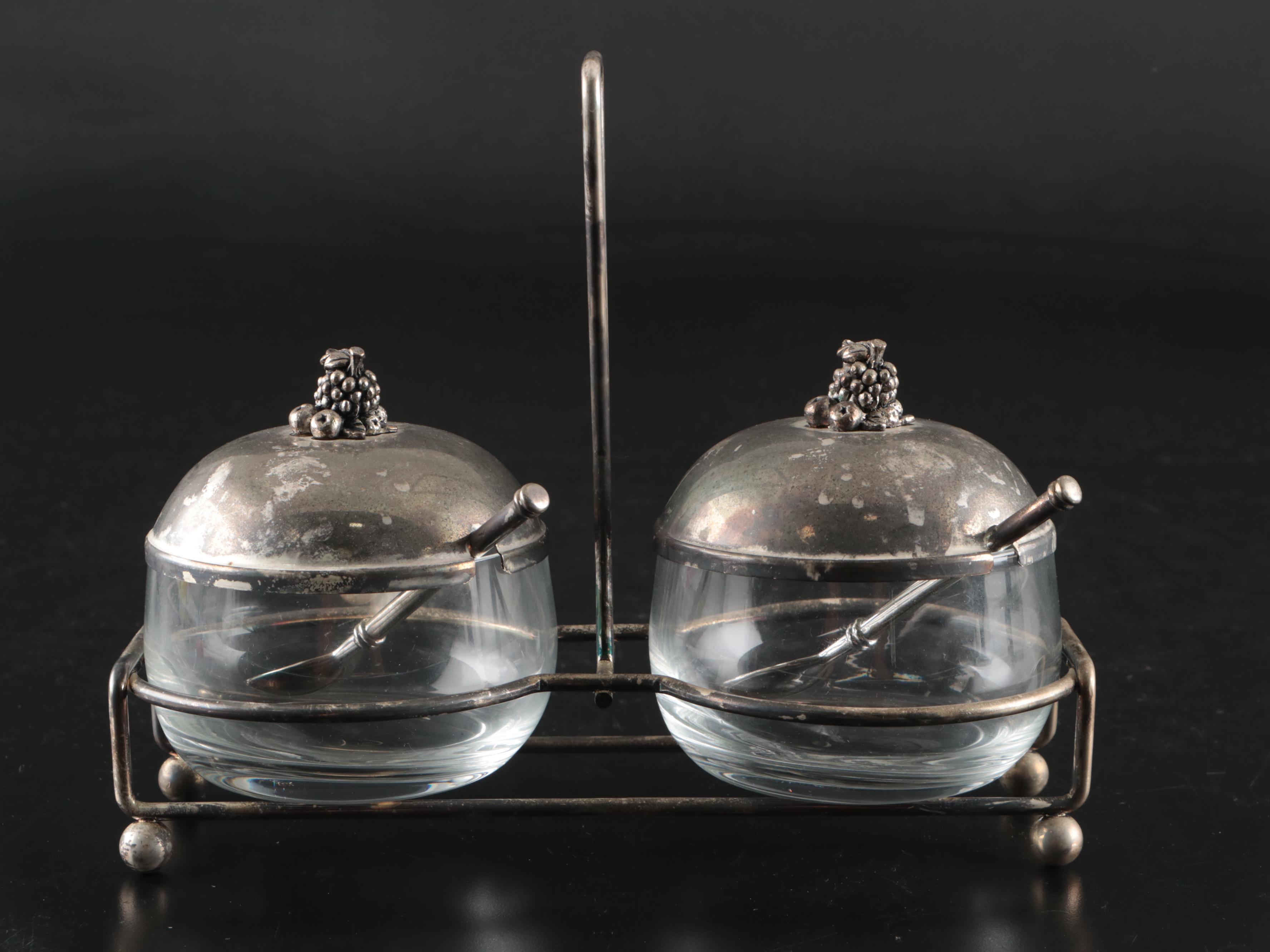 European Style Silver Plate and Glass Condiment Set with Caddy