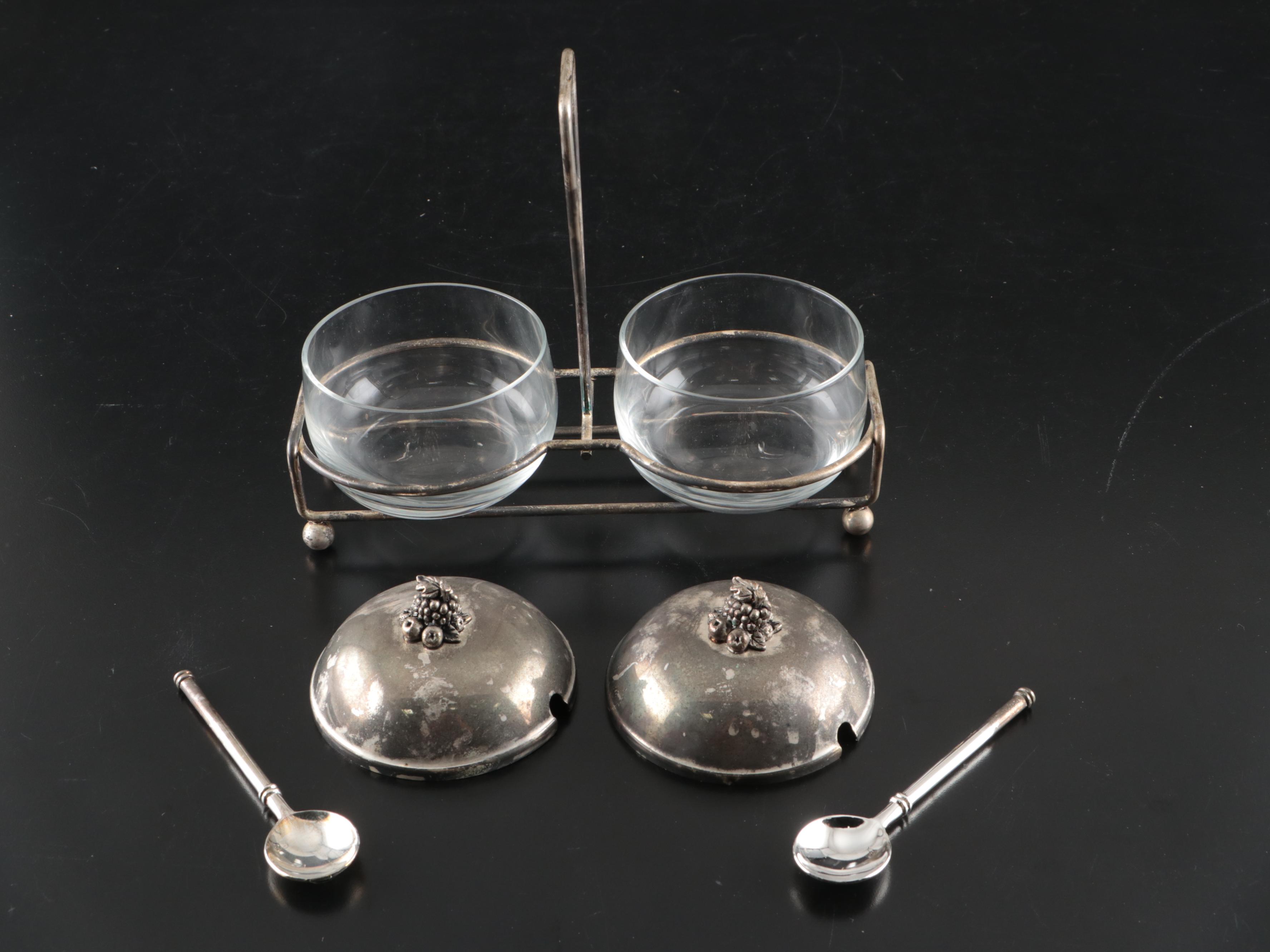 European Style Silver Plate and Glass Condiment Set with Caddy