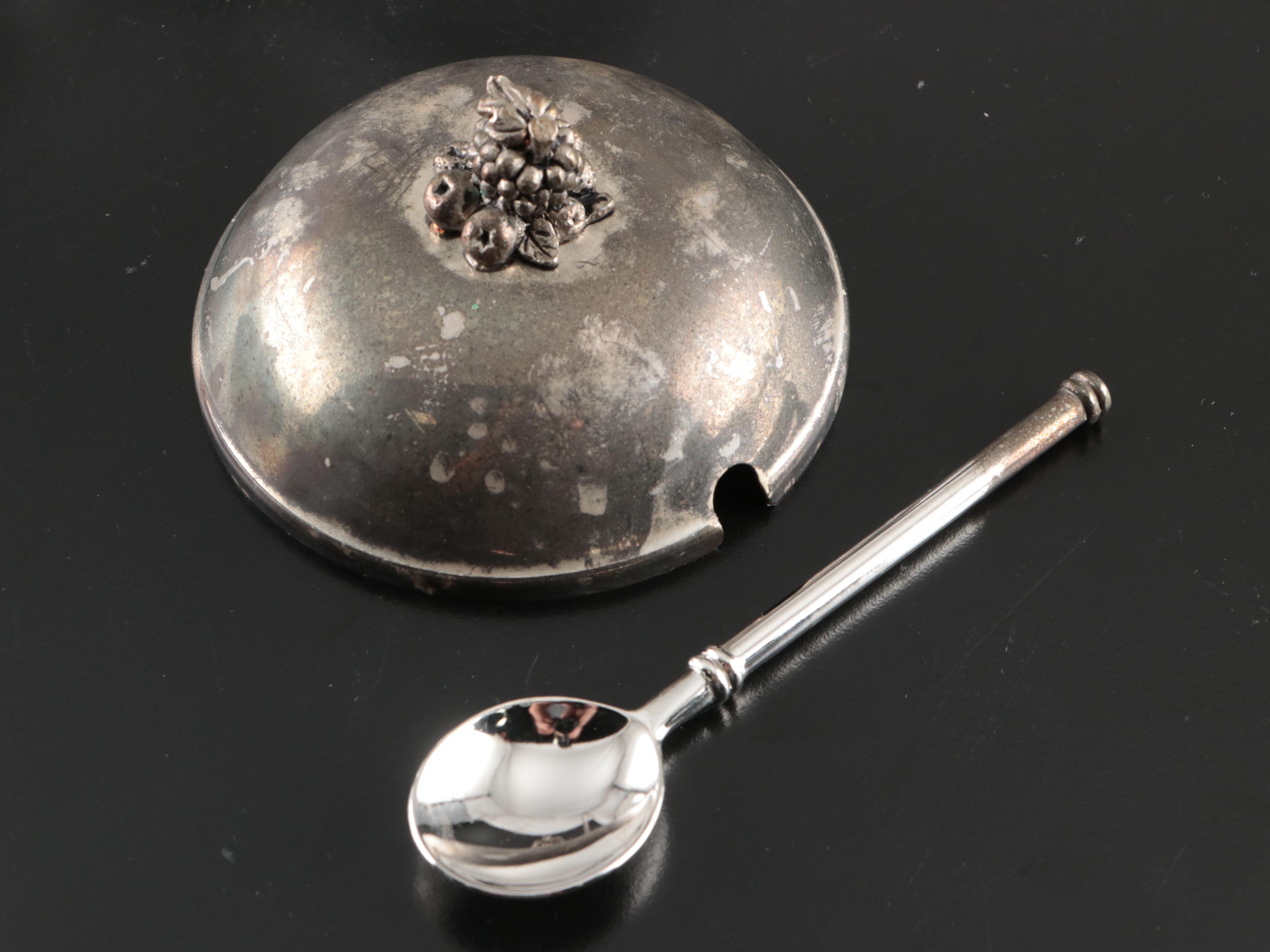 European Style Silver Plate and Glass Condiment Set with Caddy