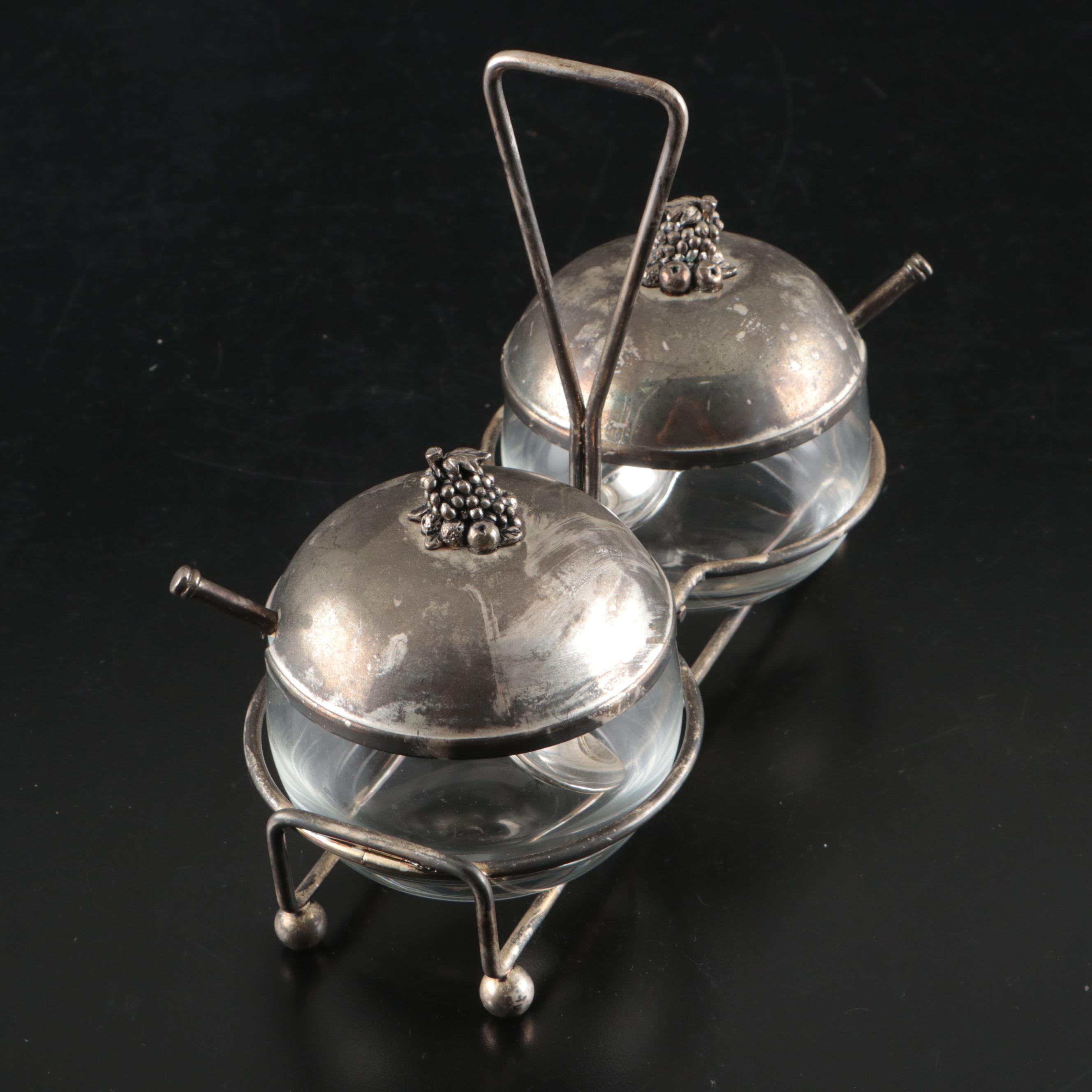European Style Silver Plate and Glass Condiment Set with Caddy