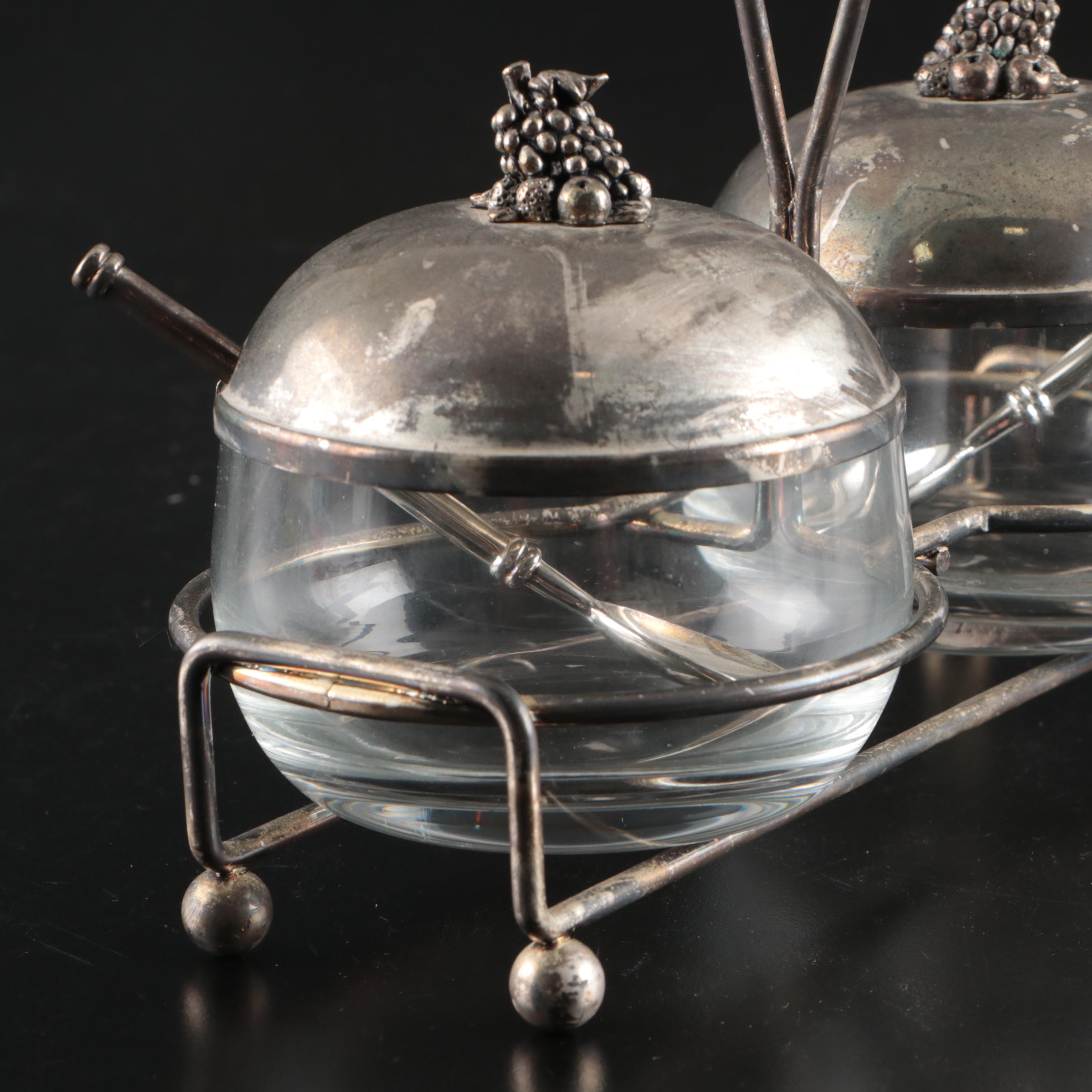 European Style Silver Plate and Glass Condiment Set with Caddy
