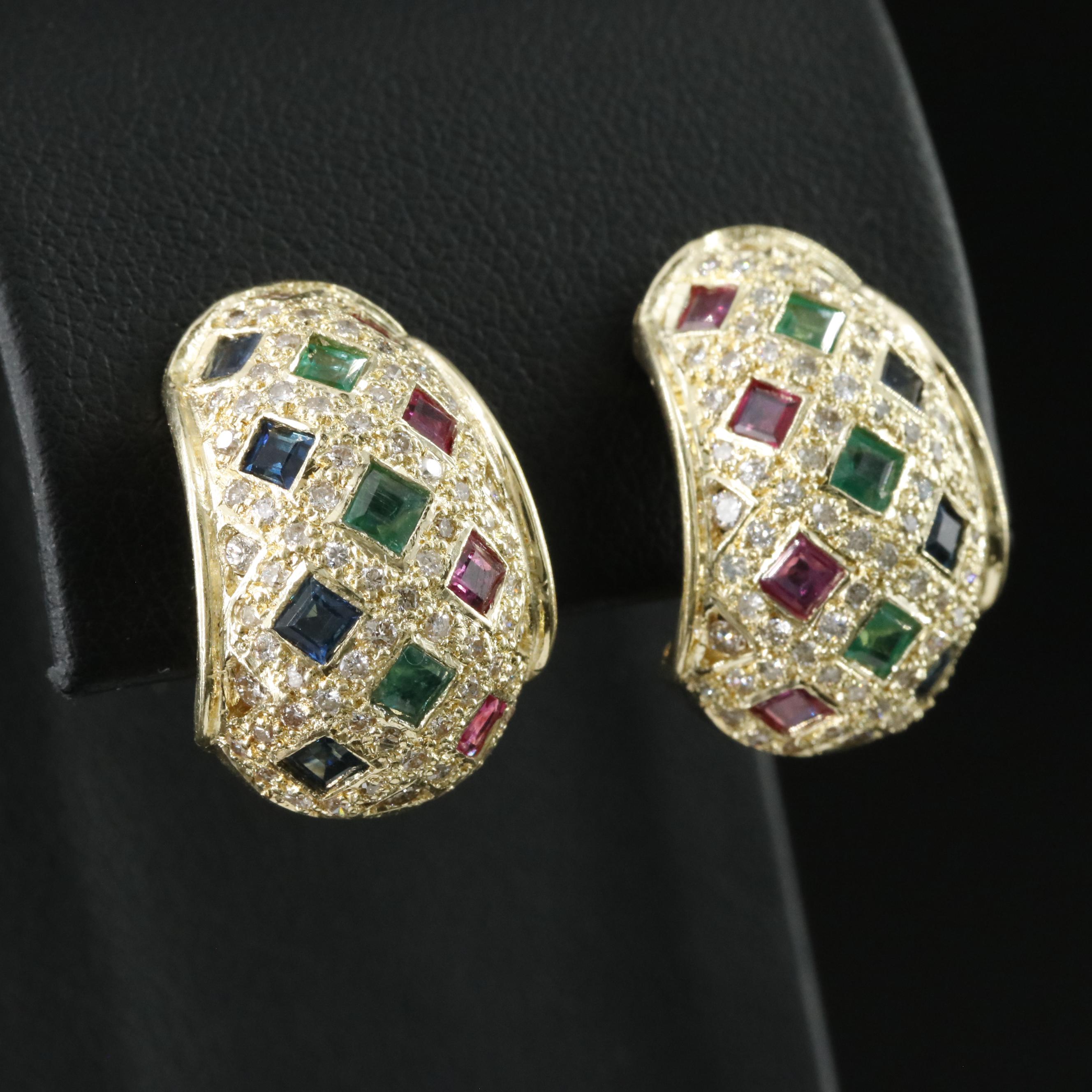 18K Ruby, Emerald, Sapphire and 2.06 CTW Diamond J-Hoop Earrings