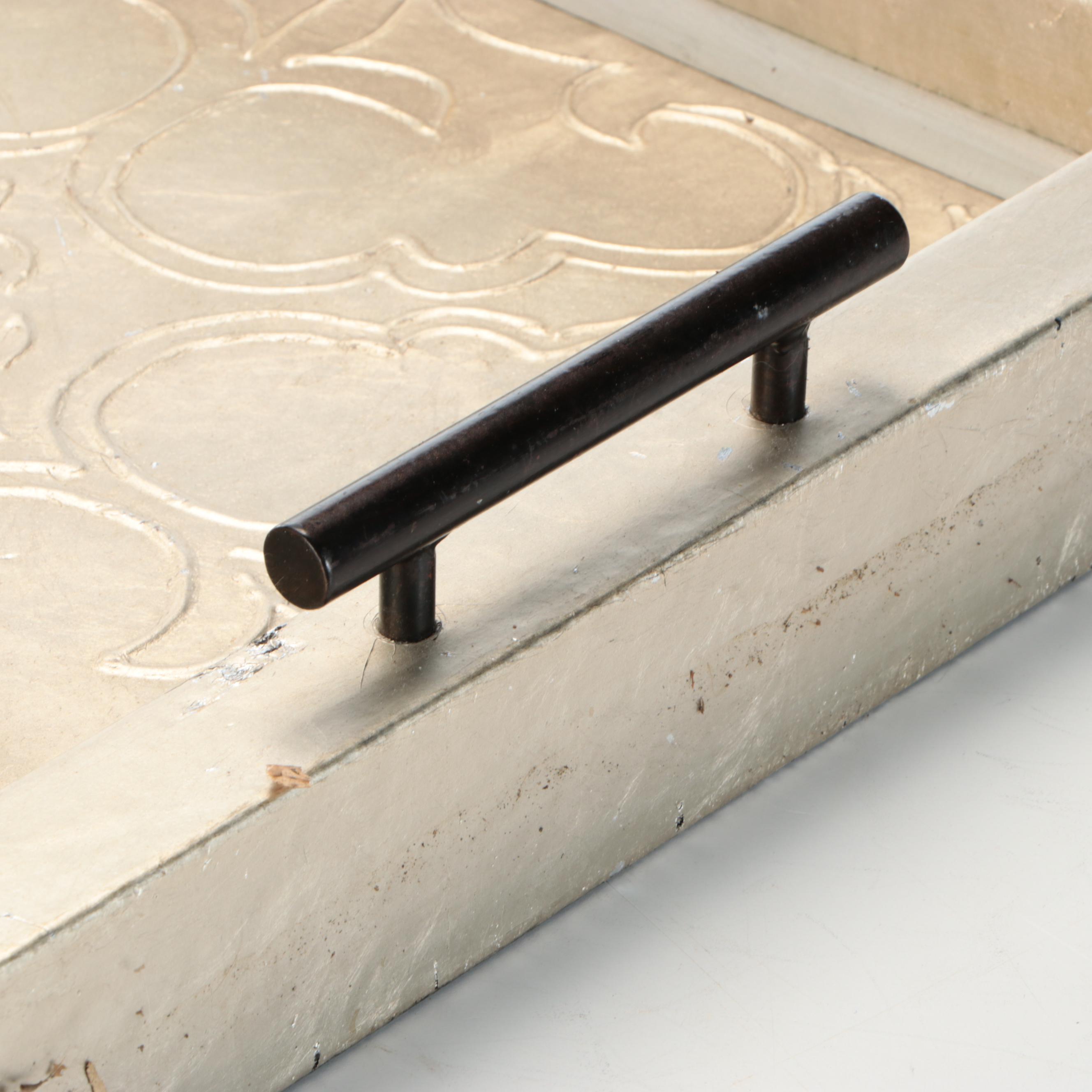 Contemporary Leather Covered Embossed Wood Tray with Chrome Finish