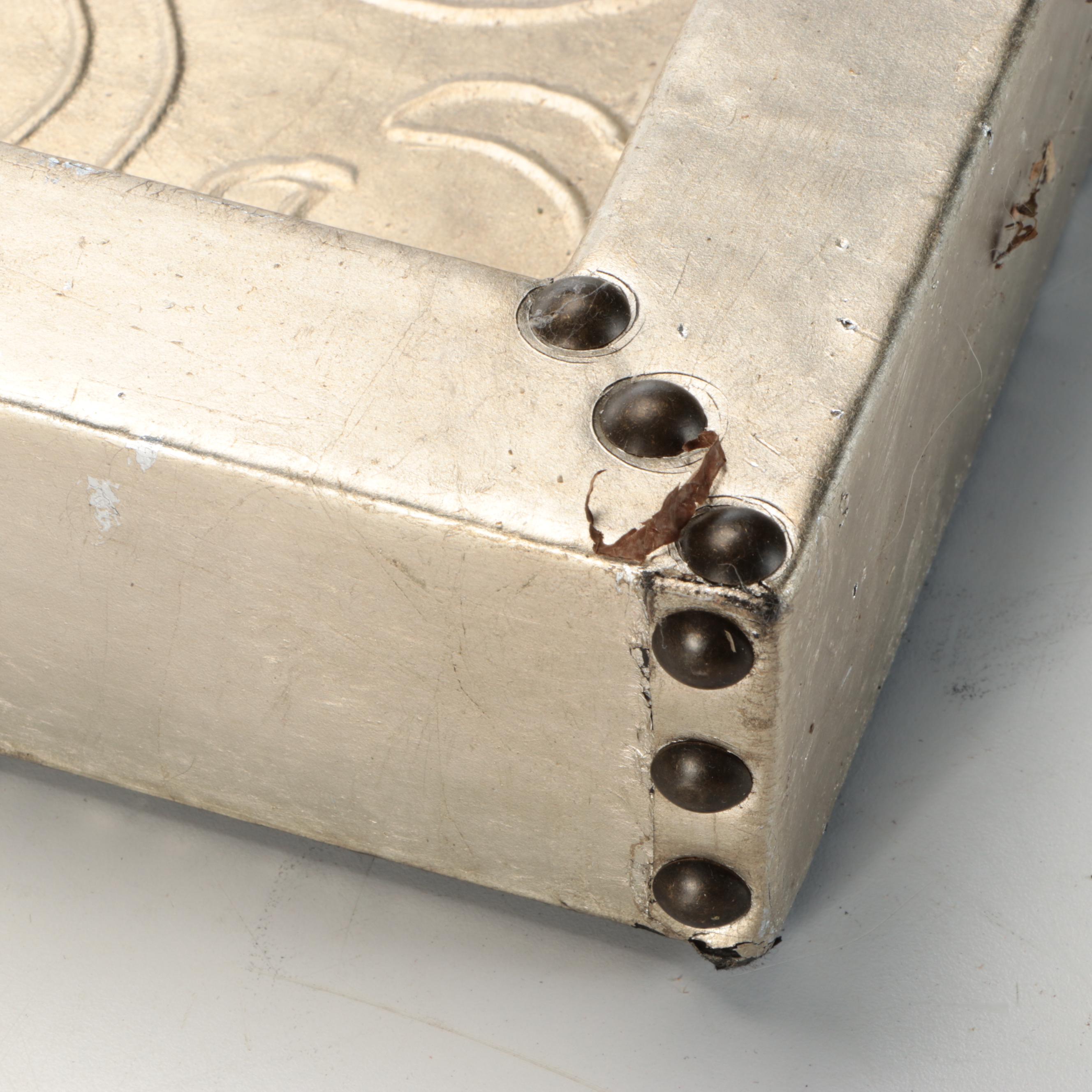 Contemporary Leather Covered Embossed Wood Tray with Chrome Finish