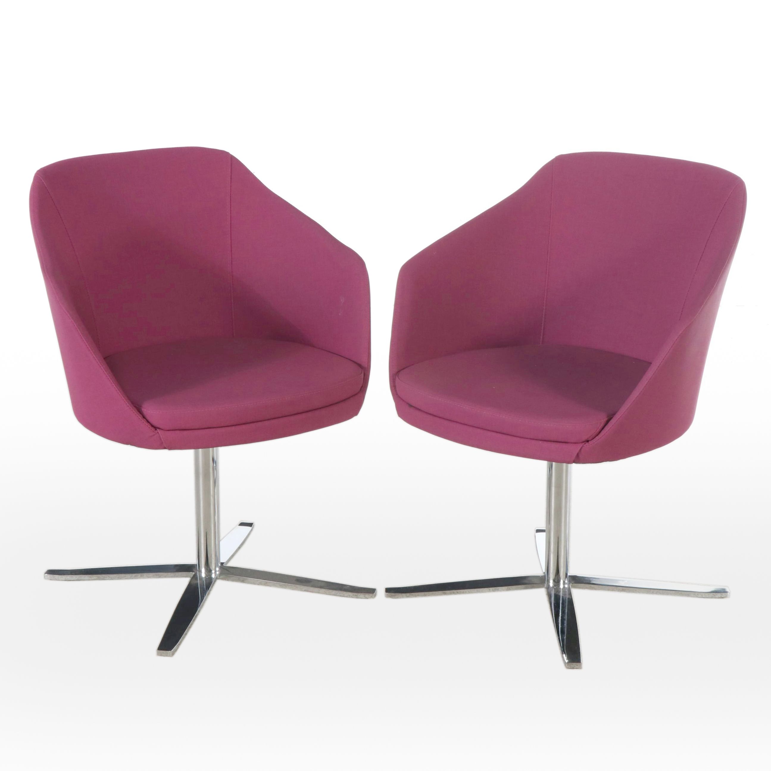 Pair of Global Upholstery Modernist Magenta Swivel Chairs