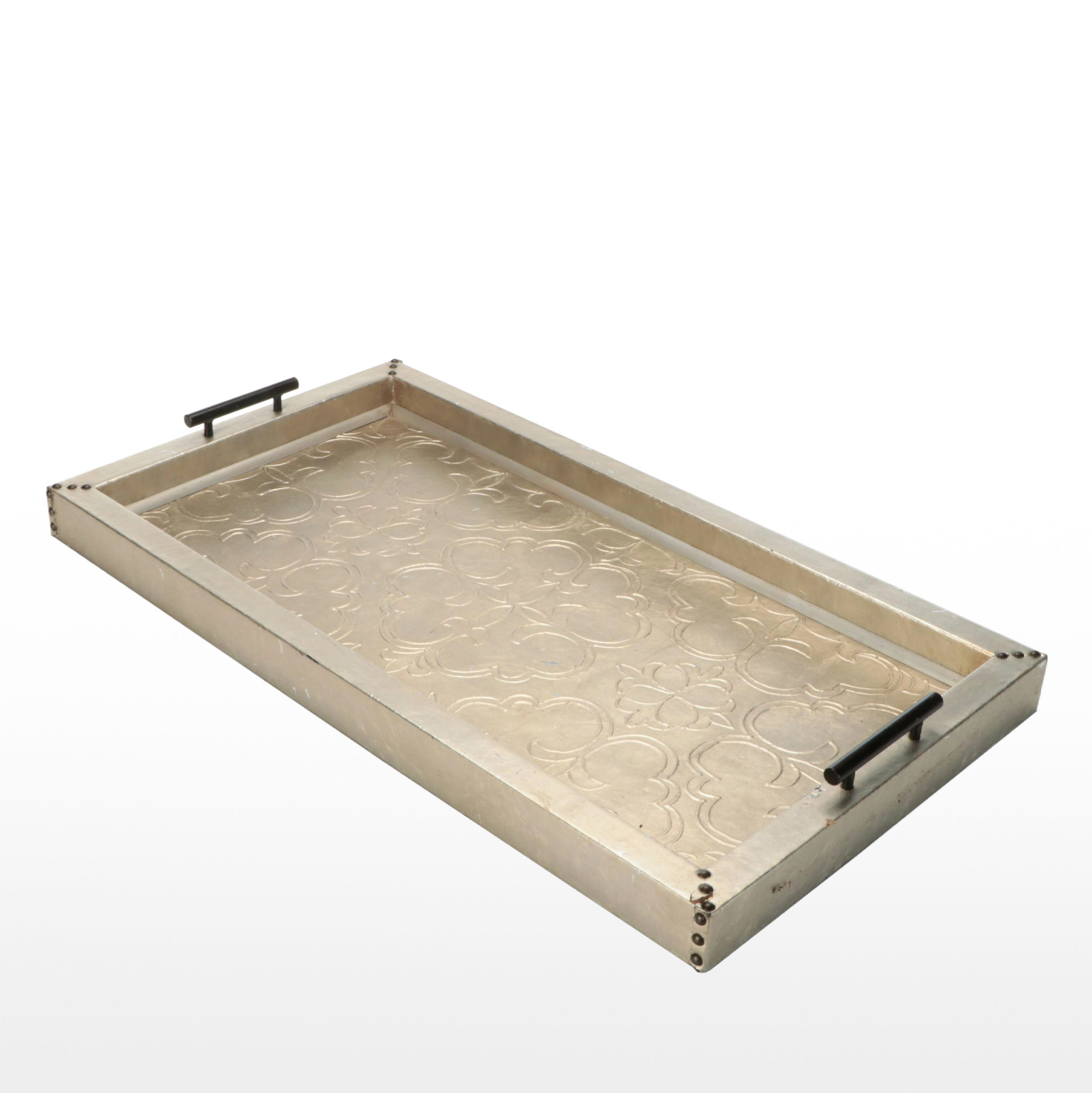 Contemporary Leather Covered Embossed Wood Tray with Chrome Finish
