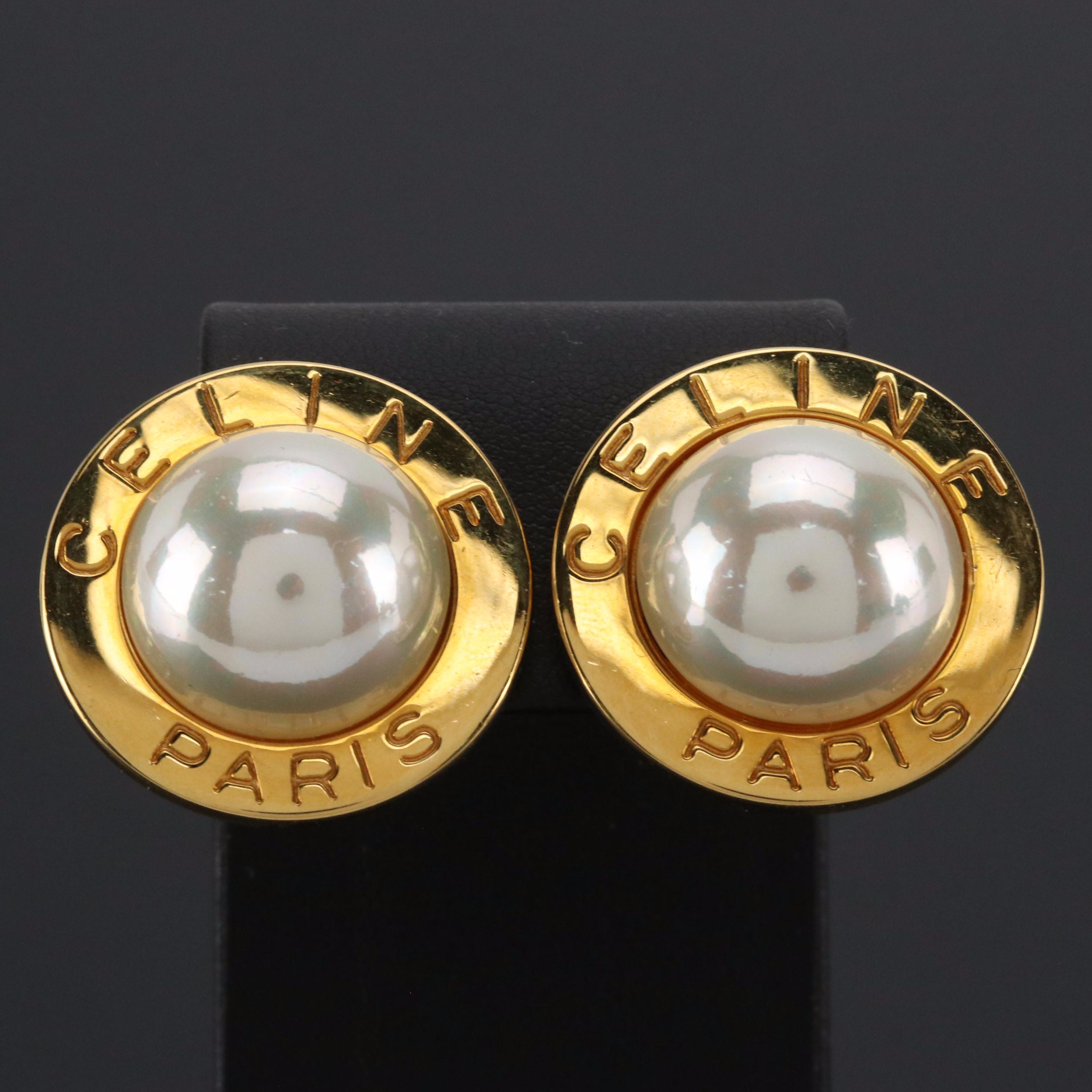 Celine Faux Mabé Pearl Button Clip Earrings