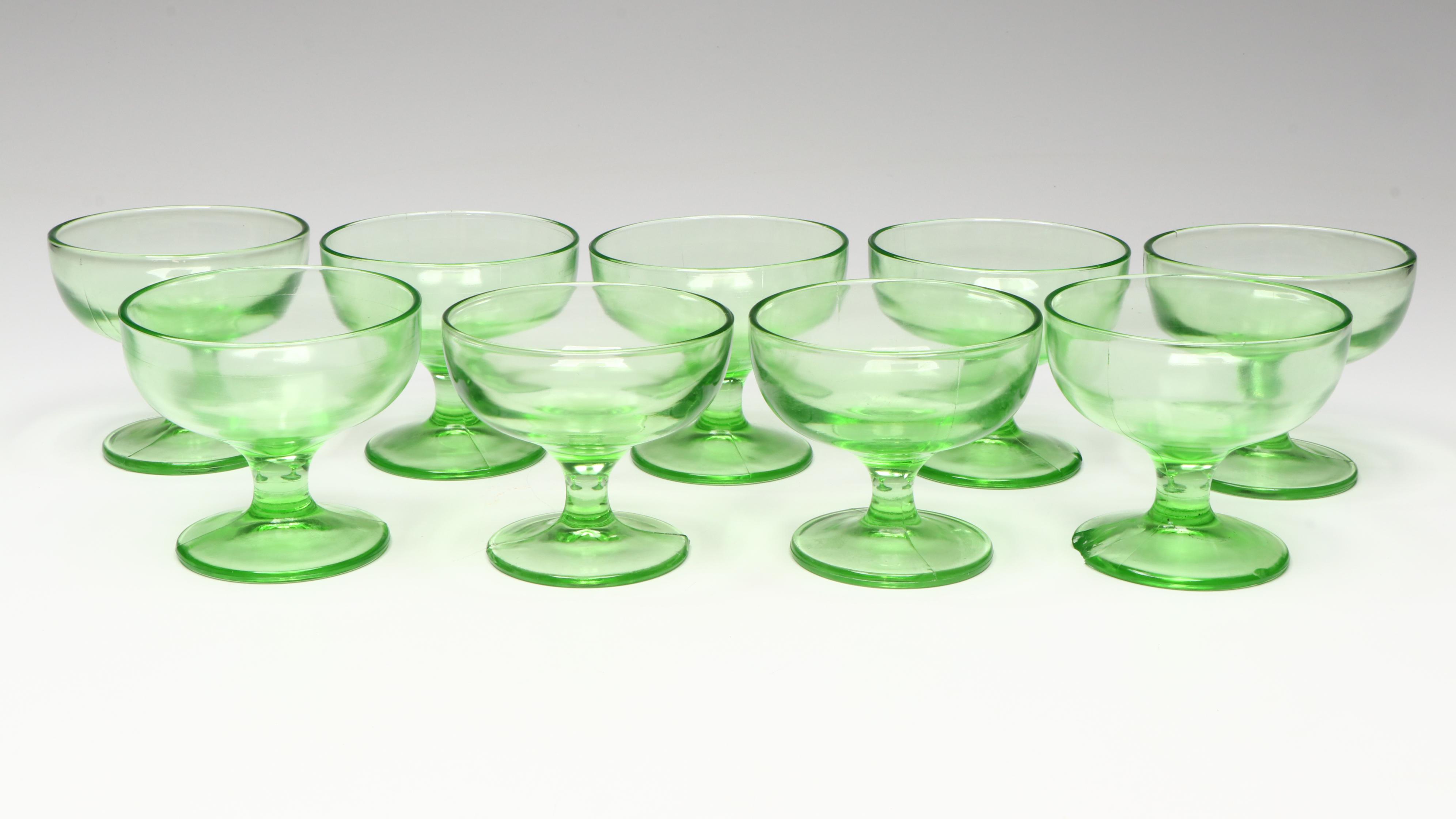 Art Deco Style Uranium Glass Footed Sherbet Glasses, Early to Mid-20th Century