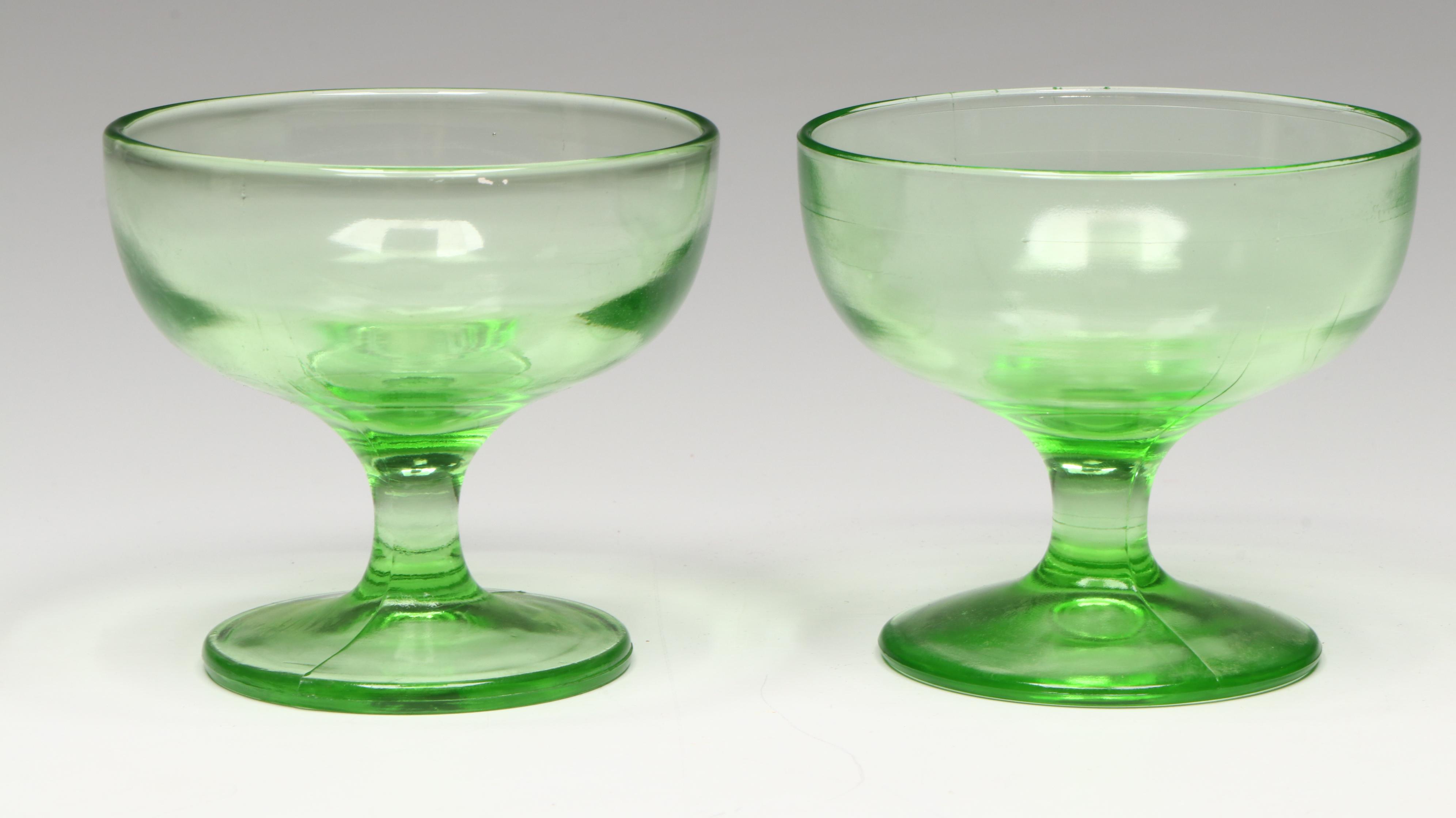 Art Deco Style Uranium Glass Footed Sherbet Glasses, Early to Mid-20th Century