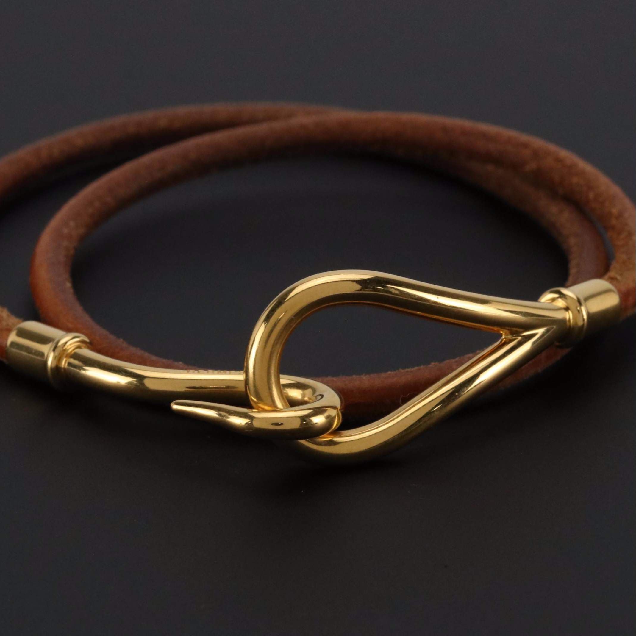 Hermès Gold Plated Jumbo Hook Double Tour Wrap Bracelet in Brown Leather