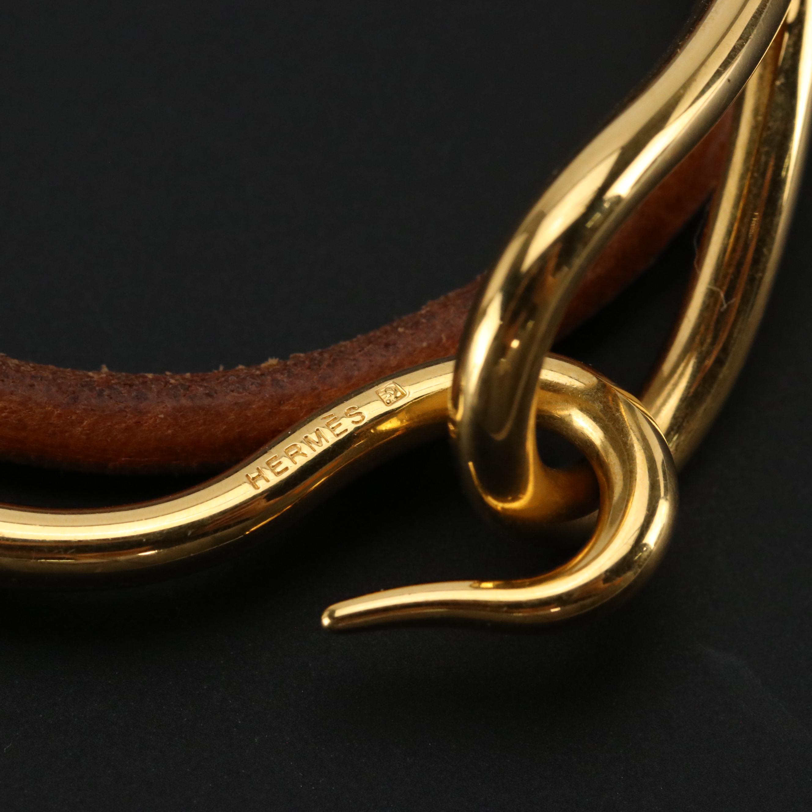 Hermès Gold Plated Jumbo Hook Double Tour Wrap Bracelet in Brown Leather
