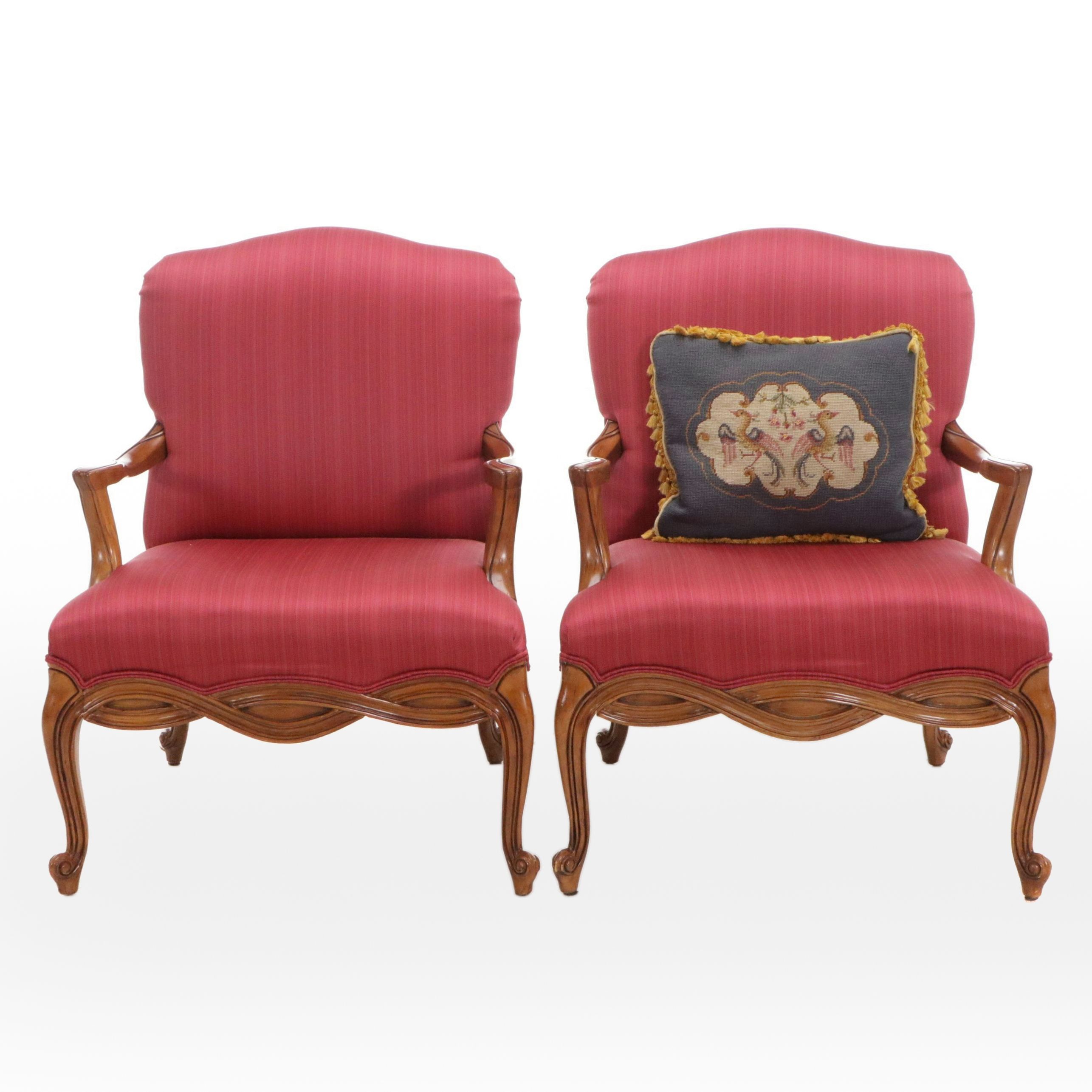 Drexel Heritage French Provincial Style Armchairs with Twisted Band Skirt, Pair