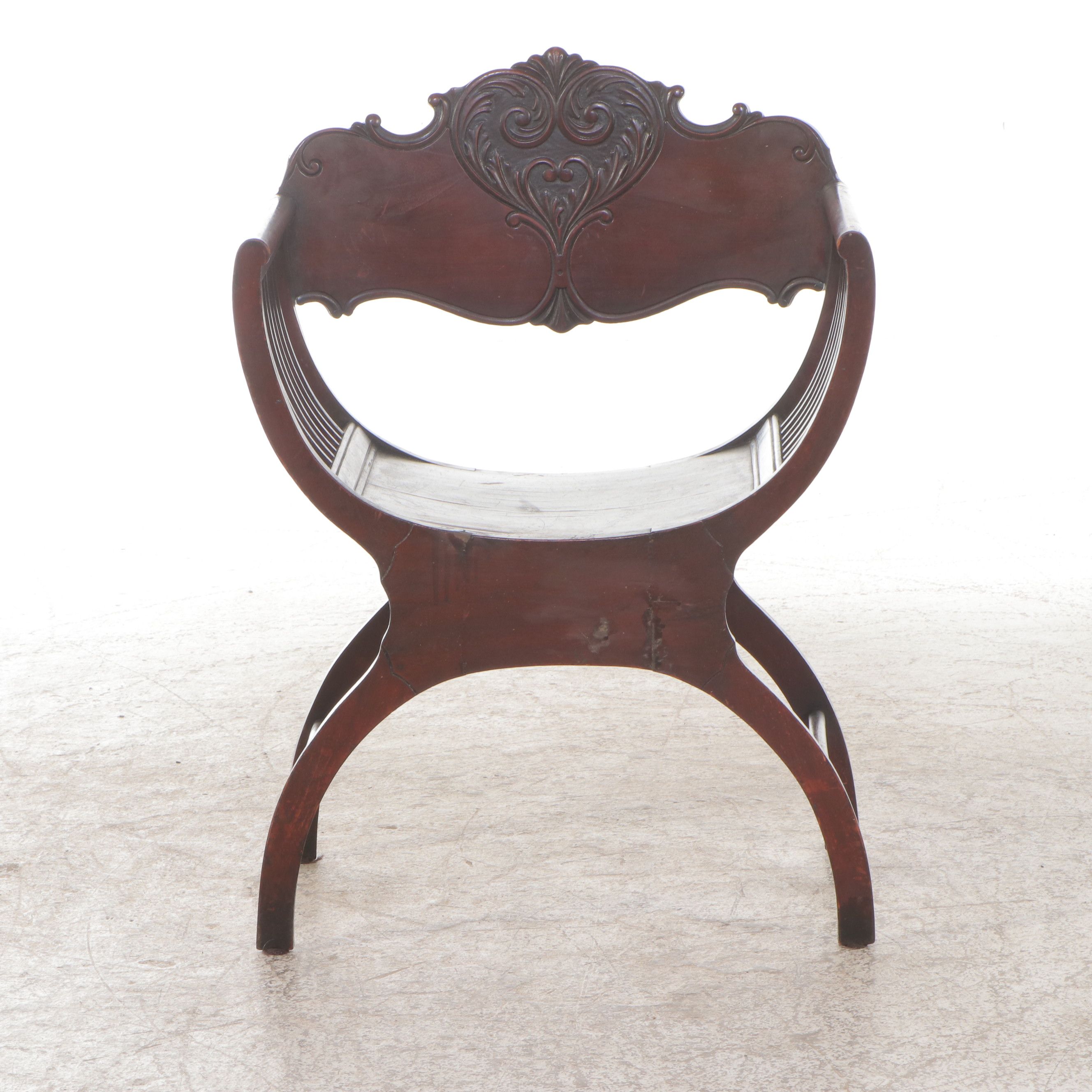 Carved Mahogany Savonarola Style Armchair, Early 20th Century