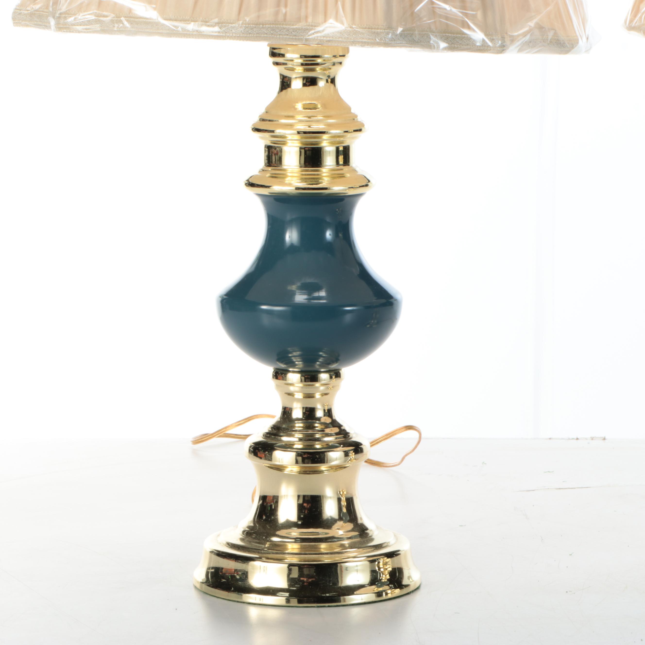 Brass Finish with Teal Acrylic Table Lamps, Pleated Bell Shades