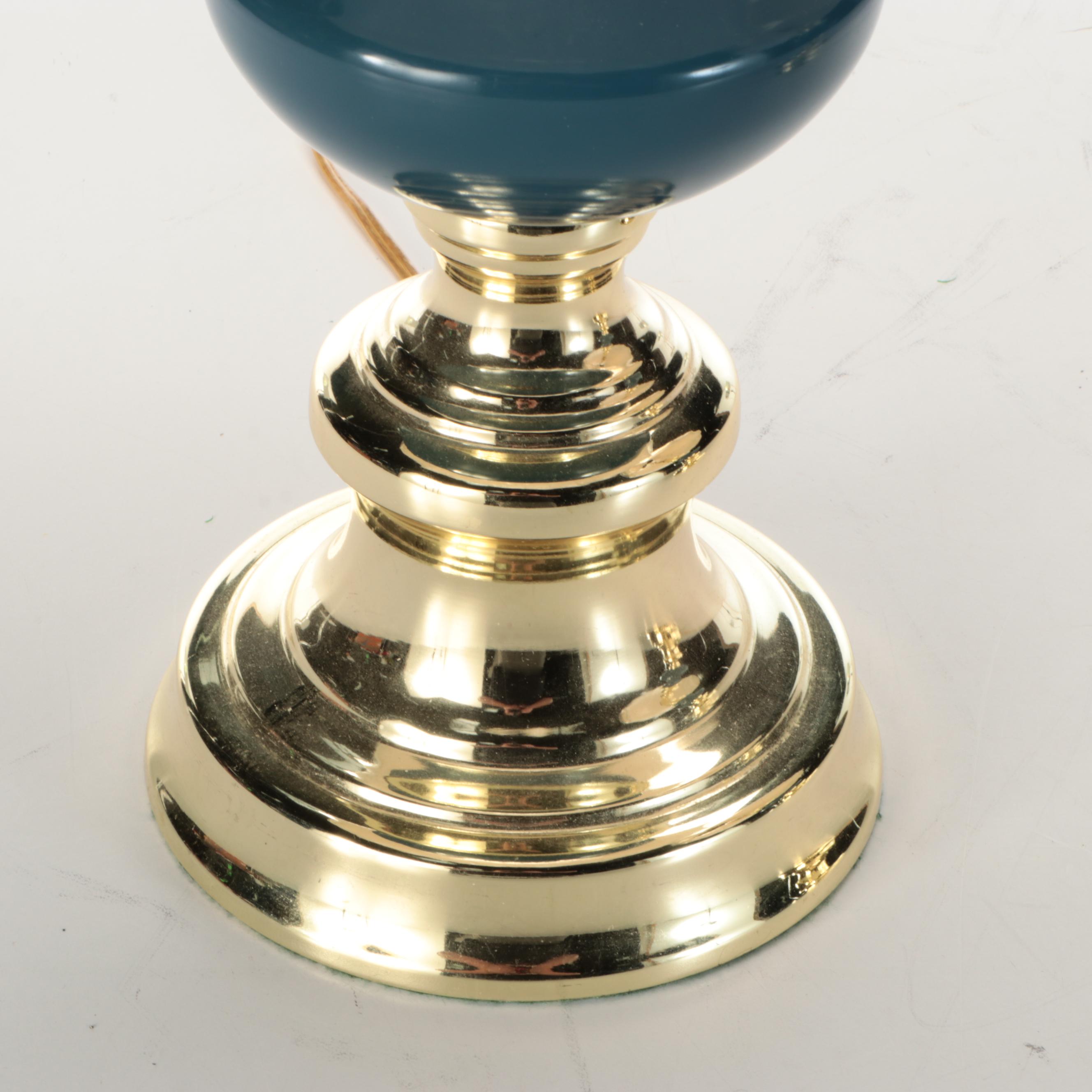 Brass Finish with Teal Acrylic Table Lamps, Pleated Bell Shades