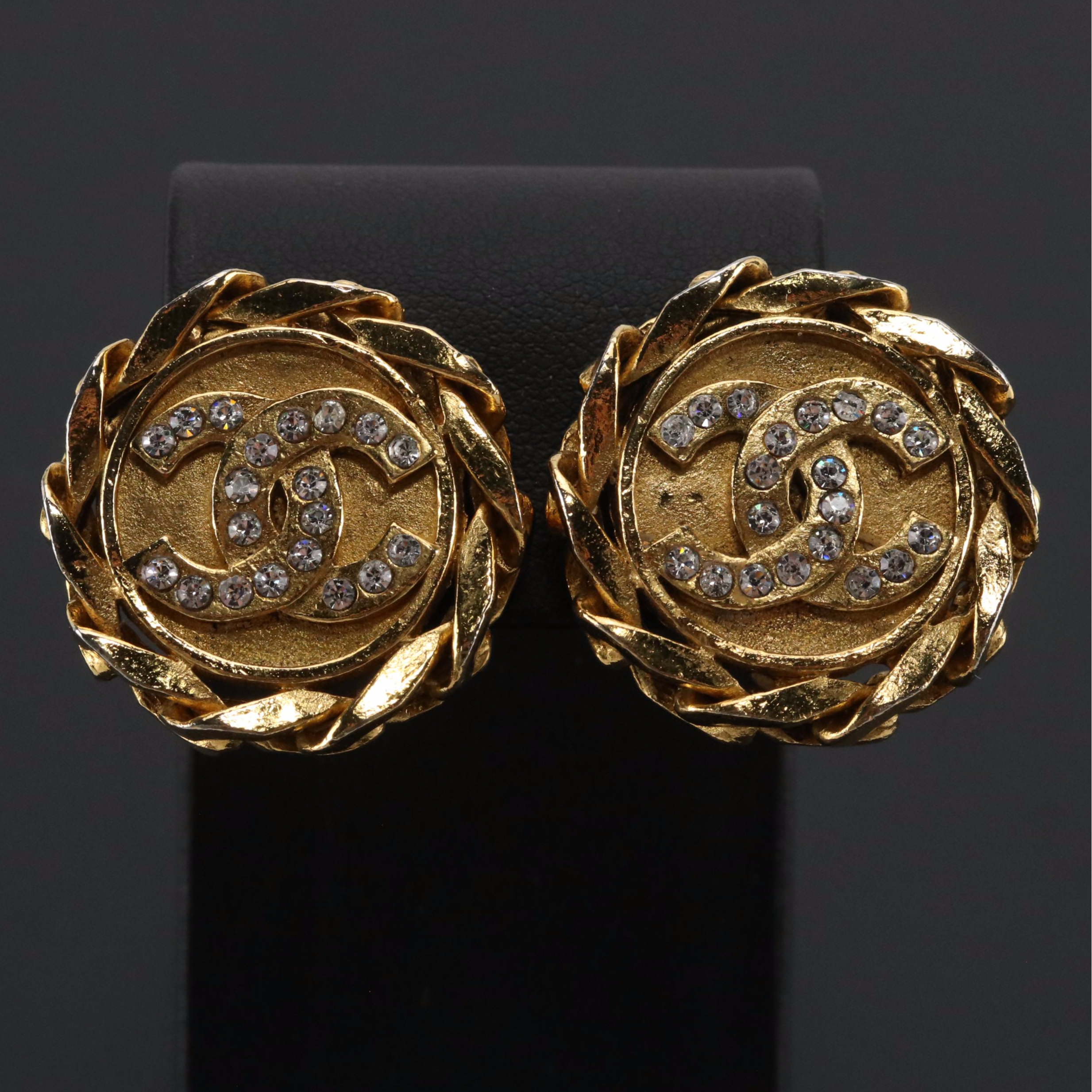 Chanel CC Crystal Chain Trim Clip Earrings