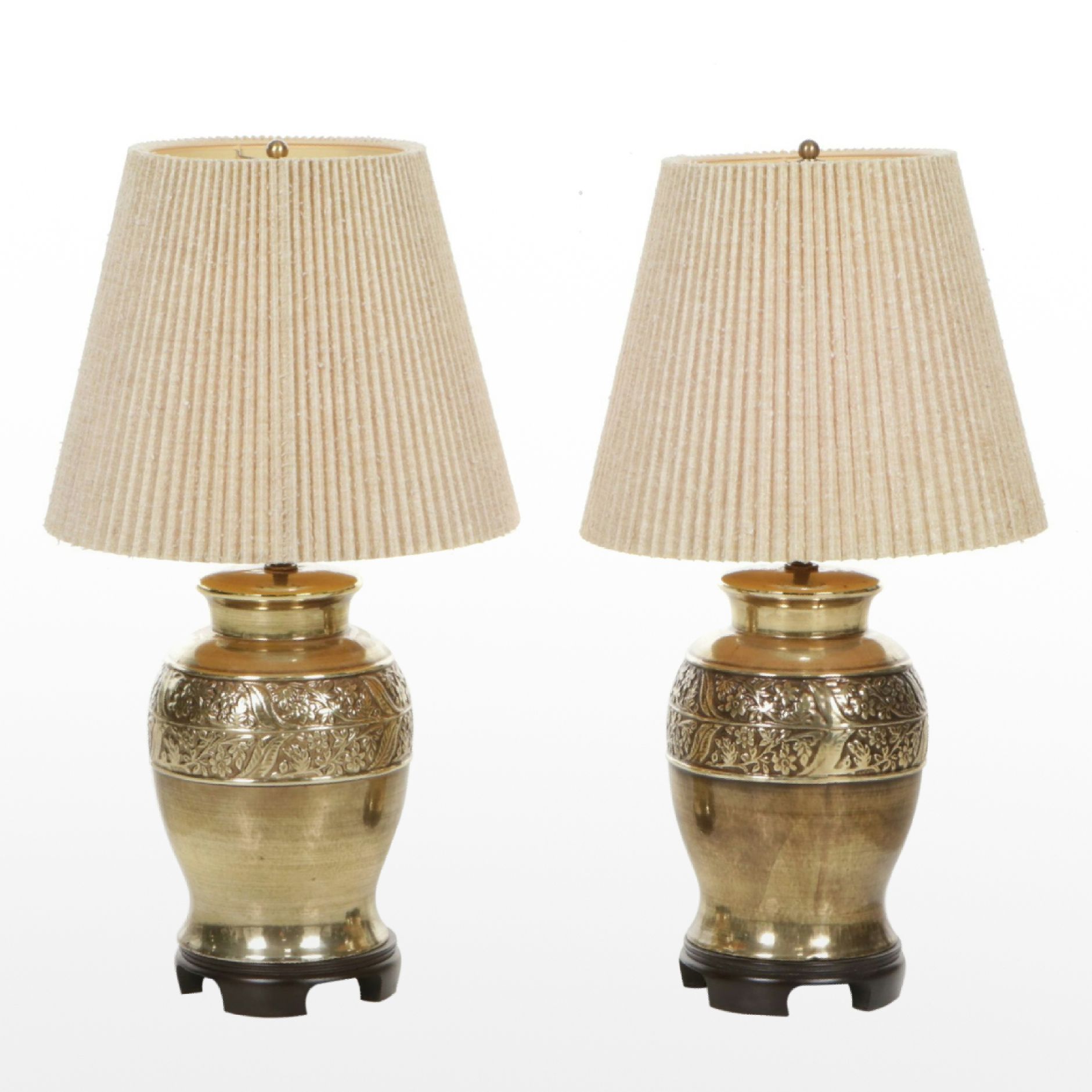 Floral Embossed Brass Urn Table Lamps with Pleated Lampshades