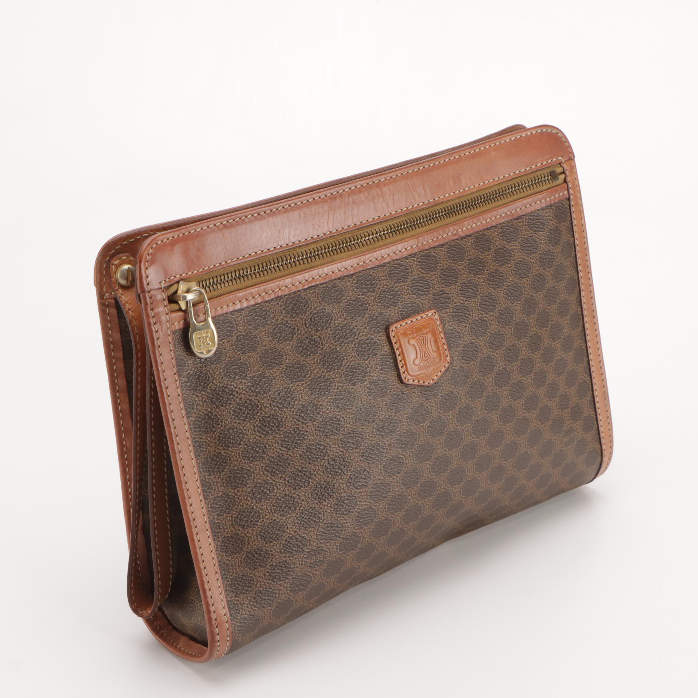 Celine Front Pocket Wristlet Clutch in Dark Brown Macadam Canvas and Leather