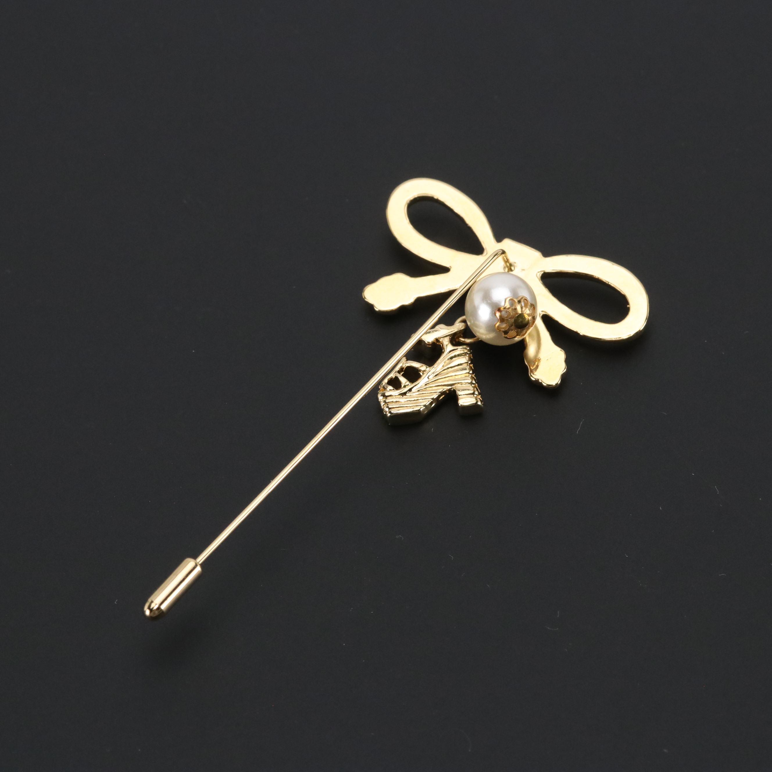 Salvatore Ferragamo Pearlized Bead, Ribbon Bow and High Heel Pin with Box