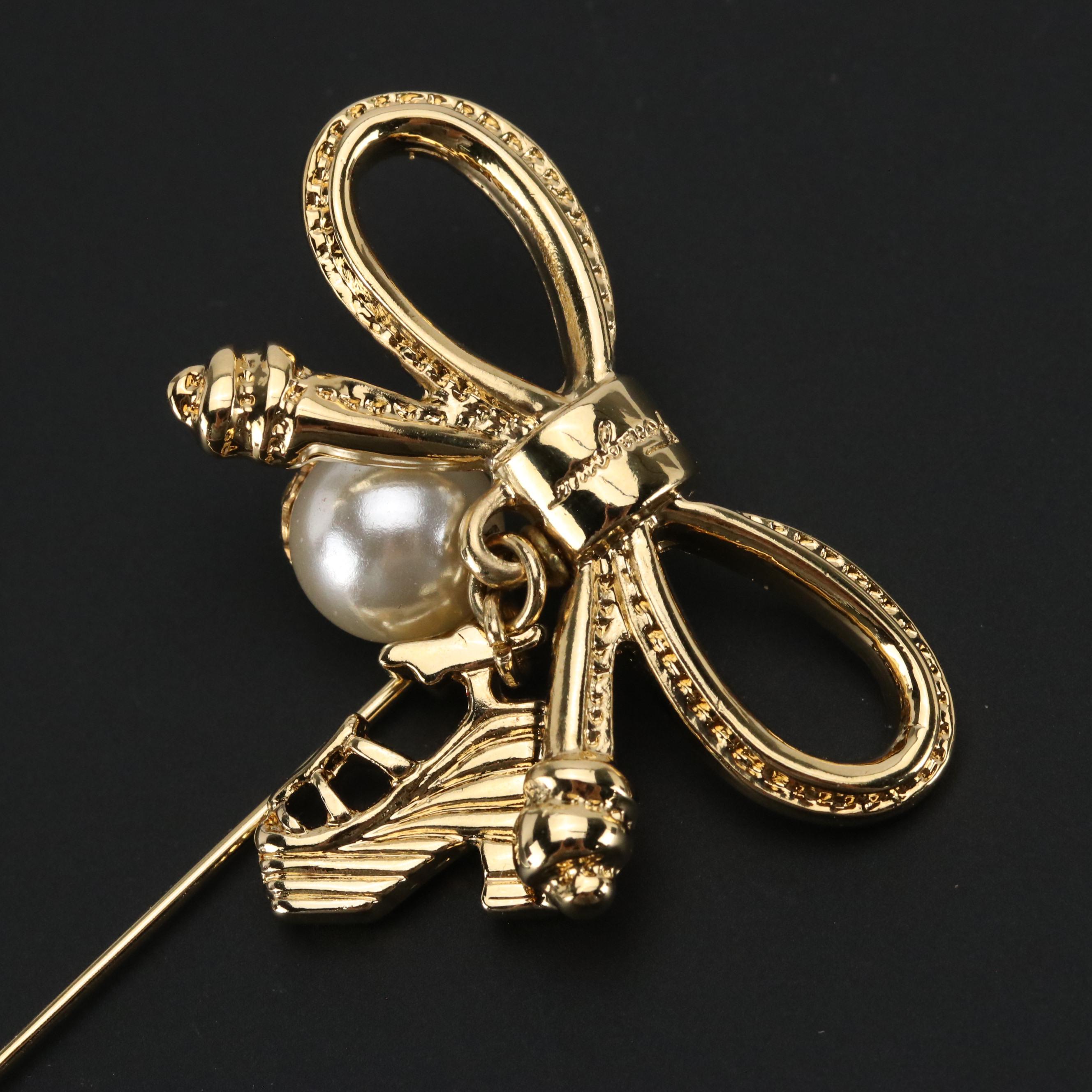 Salvatore Ferragamo Pearlized Bead, Ribbon Bow and High Heel Pin with Box