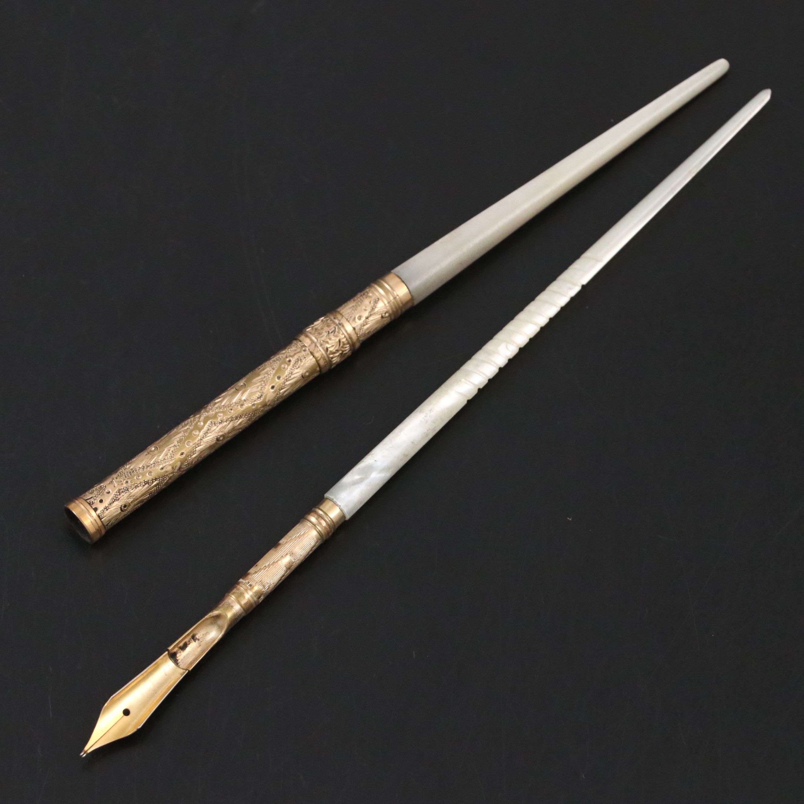 Mother-of-Pearl and Gilt Dip Pens, Late 19th Century