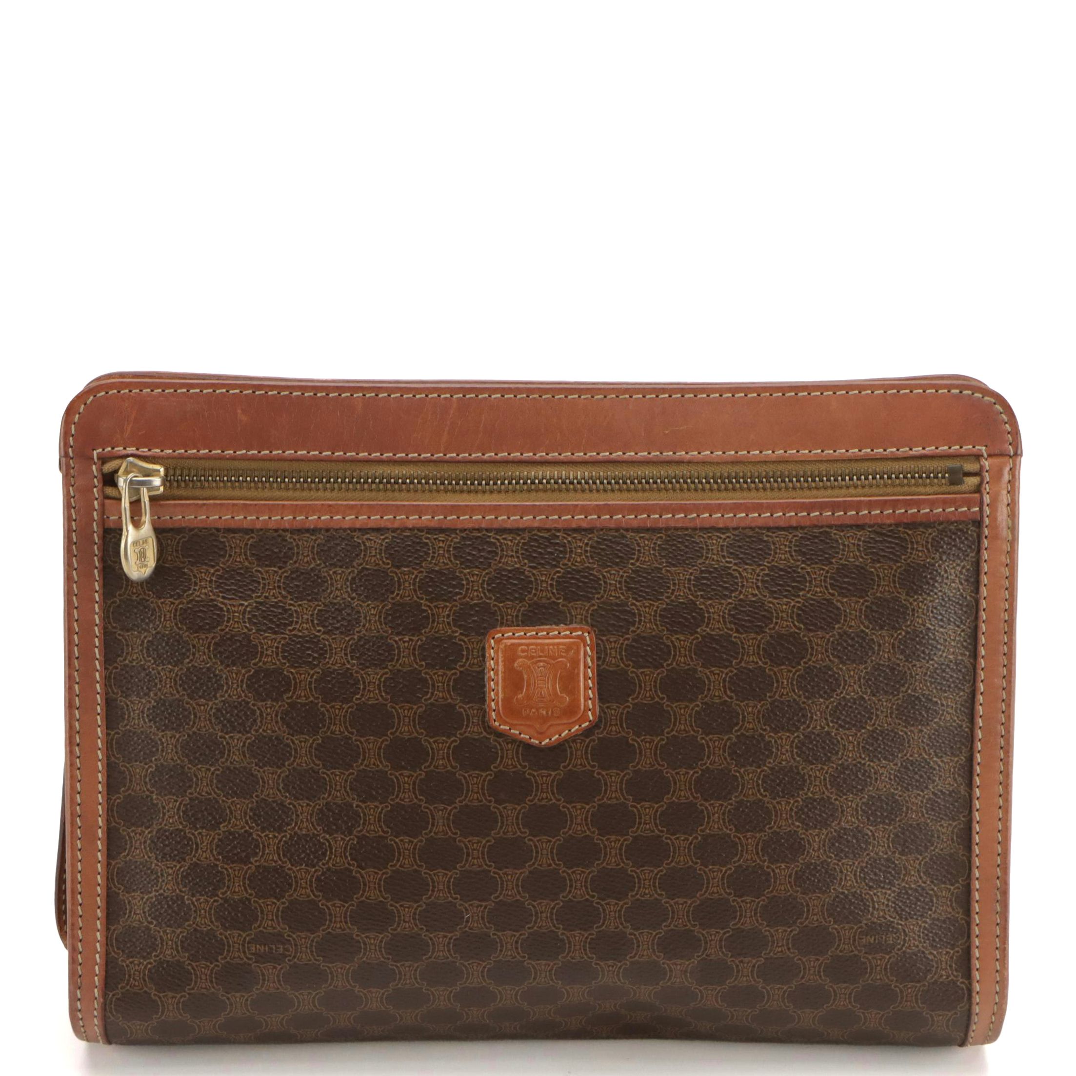 Celine Front Pocket Wristlet Clutch in Dark Brown Macadam Canvas and Leather