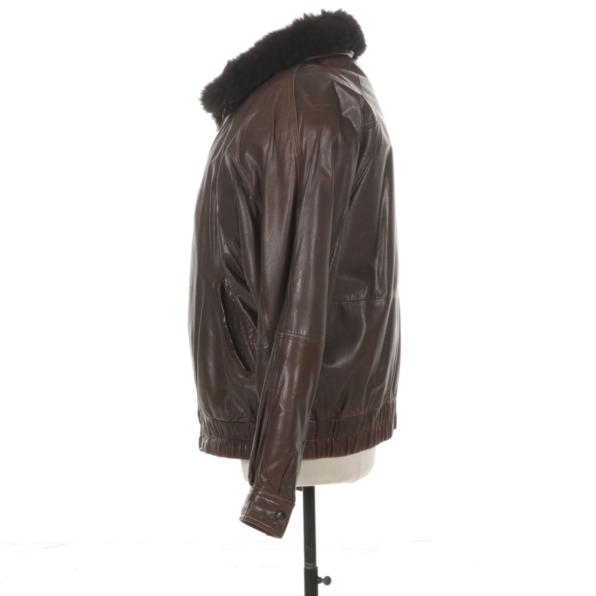 Removable Opossum Fur Lining in Brown Leather Bomber Jacket, XL