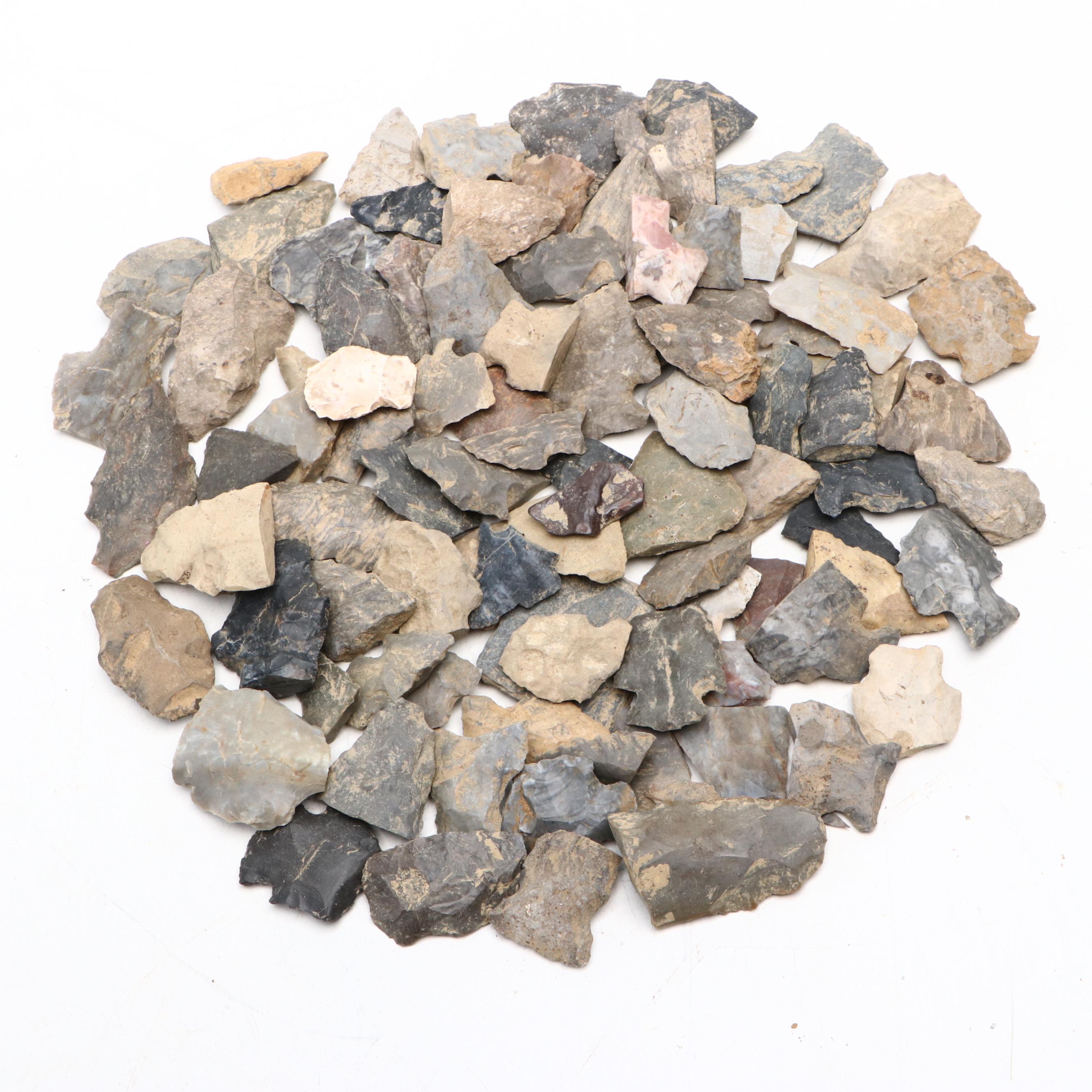 Native American Blunt Point and Partial Flint Arrowheads, Flakes and Stones