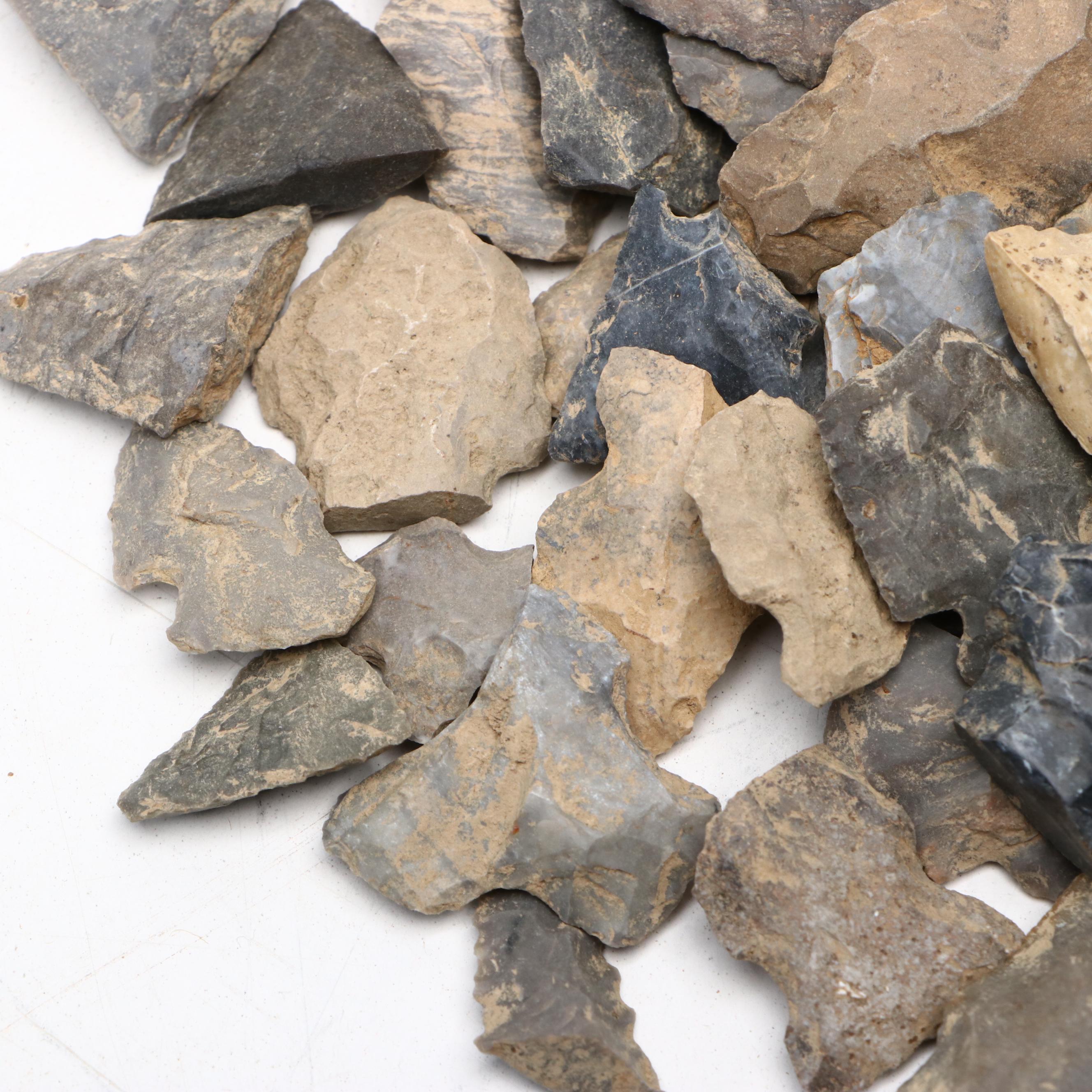 Native American Blunt Point and Partial Flint Arrowheads, Flakes and Stones