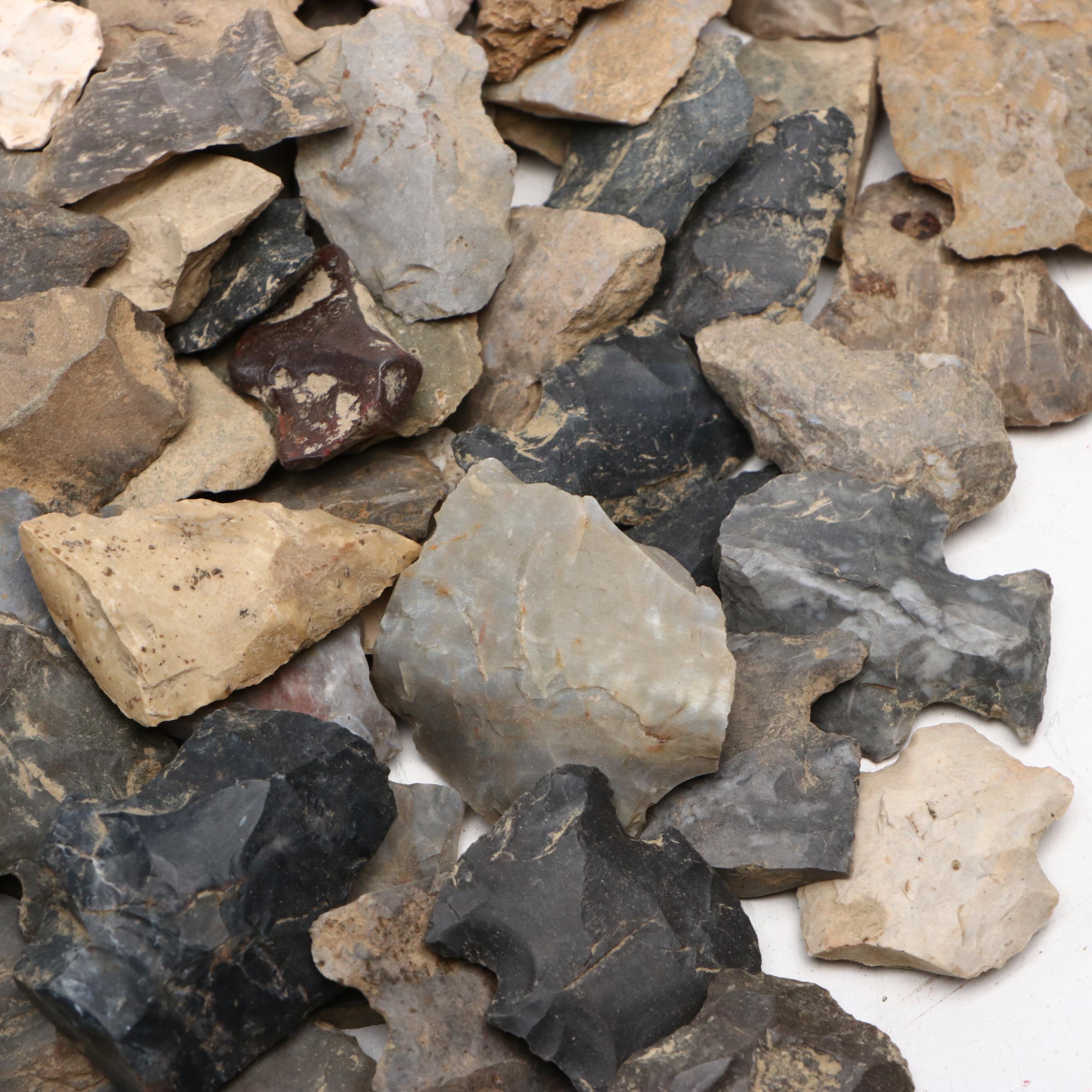 Native American Blunt Point and Partial Flint Arrowheads, Flakes and Stones