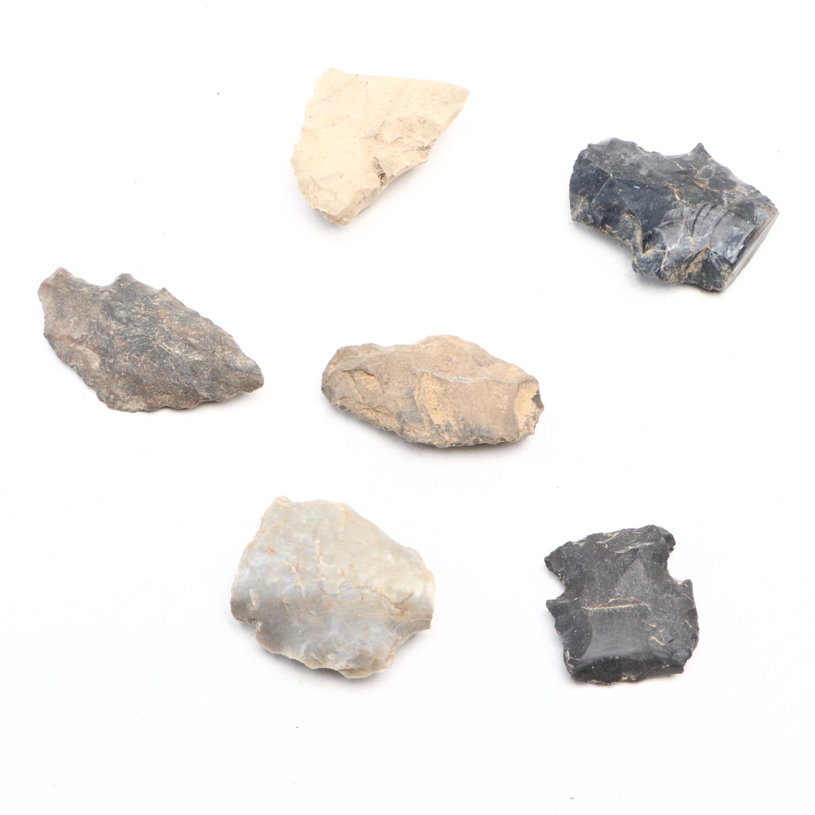 Native American Blunt Point and Partial Flint Arrowheads, Flakes and Stones