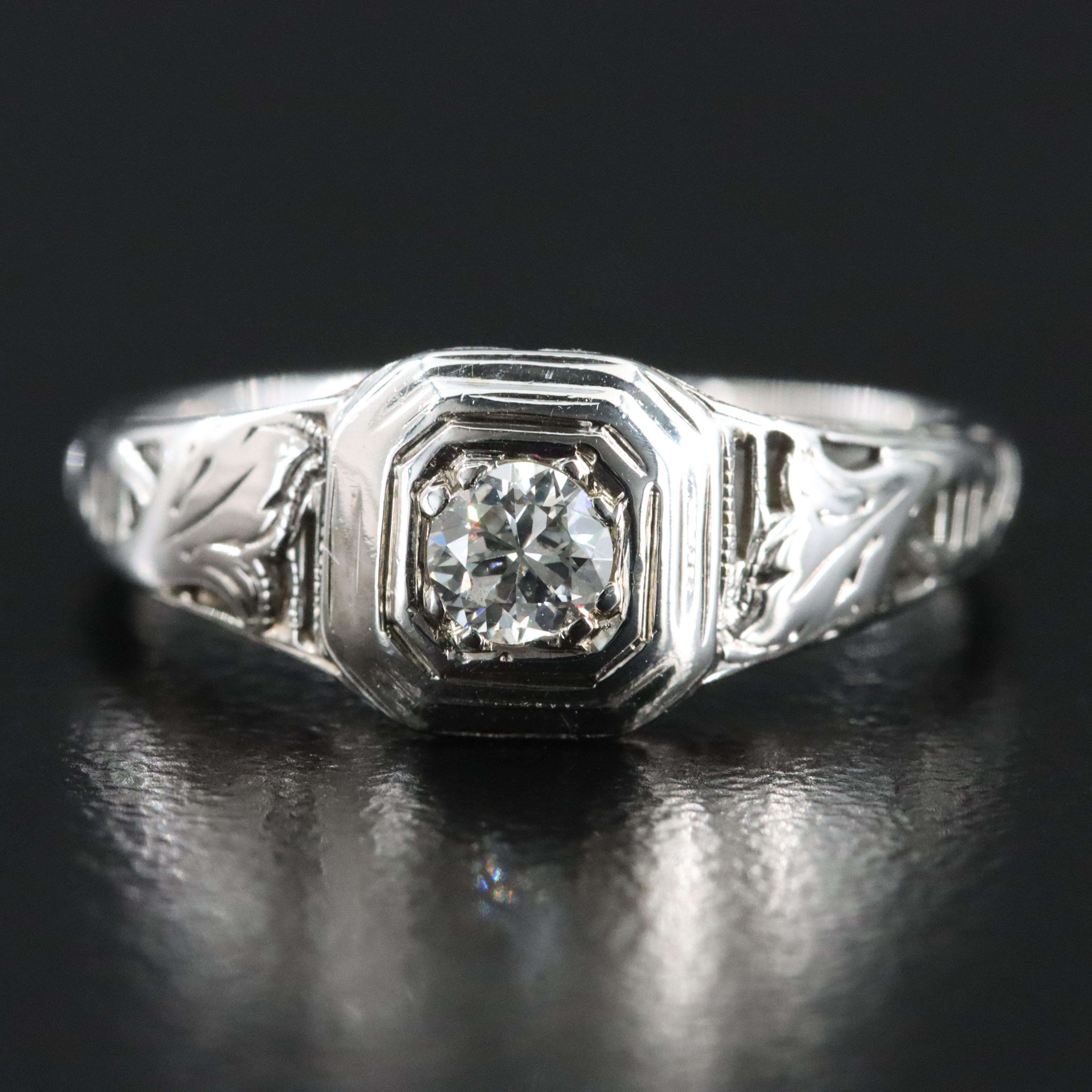 Art Deco 18K 0.16 CT Diamond Solitaire Ring with Acanthus Leaf Engraving