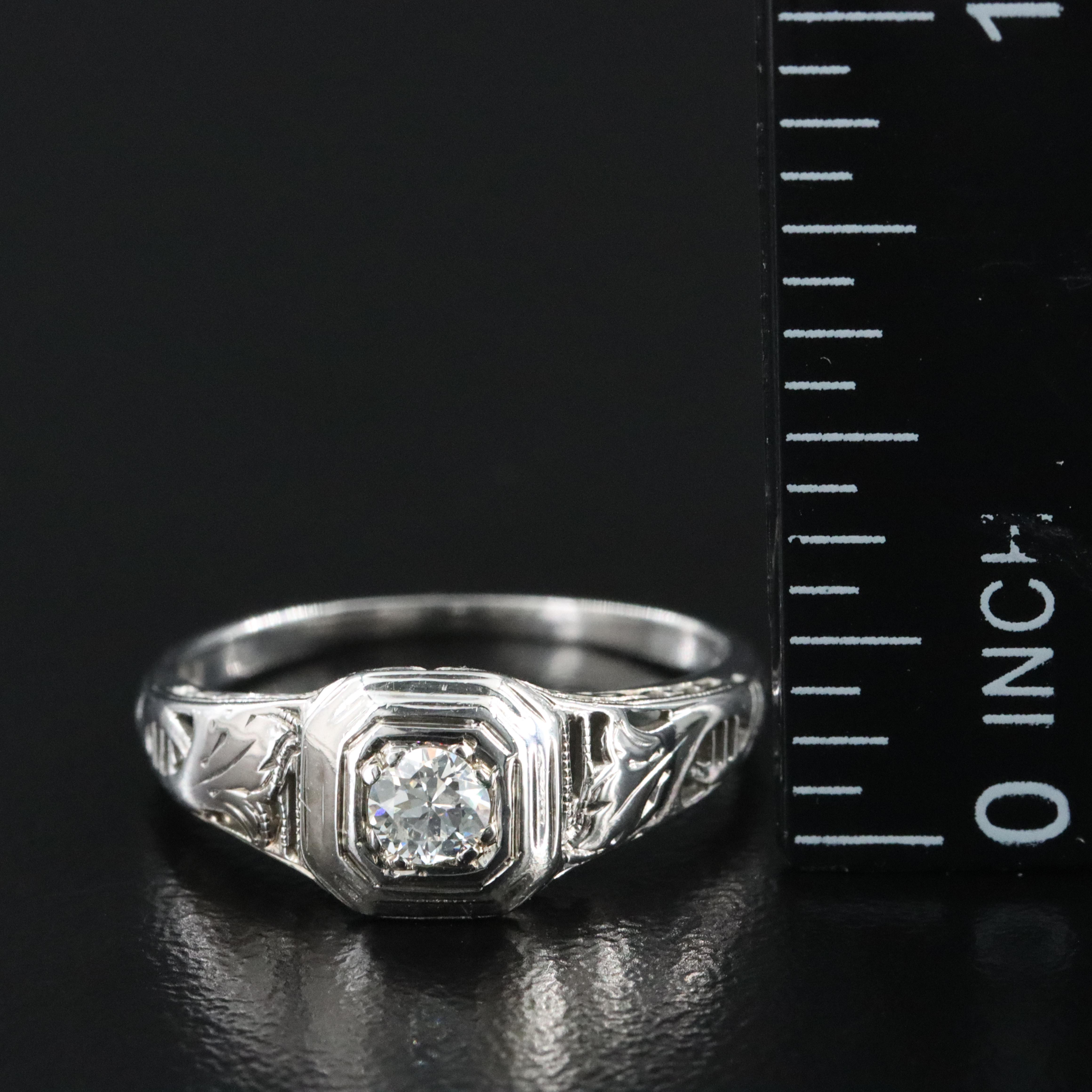 Art Deco 18K 0.16 CT Diamond Solitaire Ring with Acanthus Leaf Engraving